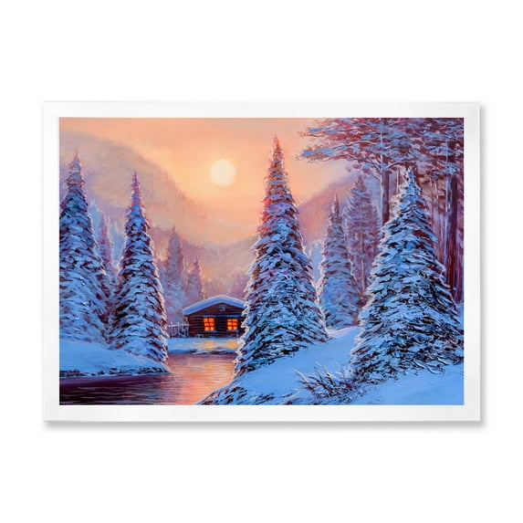 Designart 'The River House In The Woods and Winter Landscape I' Lake House Framed Art Print