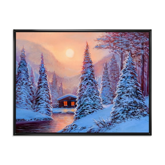 Designart 'The River House In The Woods and Winter Landscape I' Lake House Framed Canvas Wall Art Print