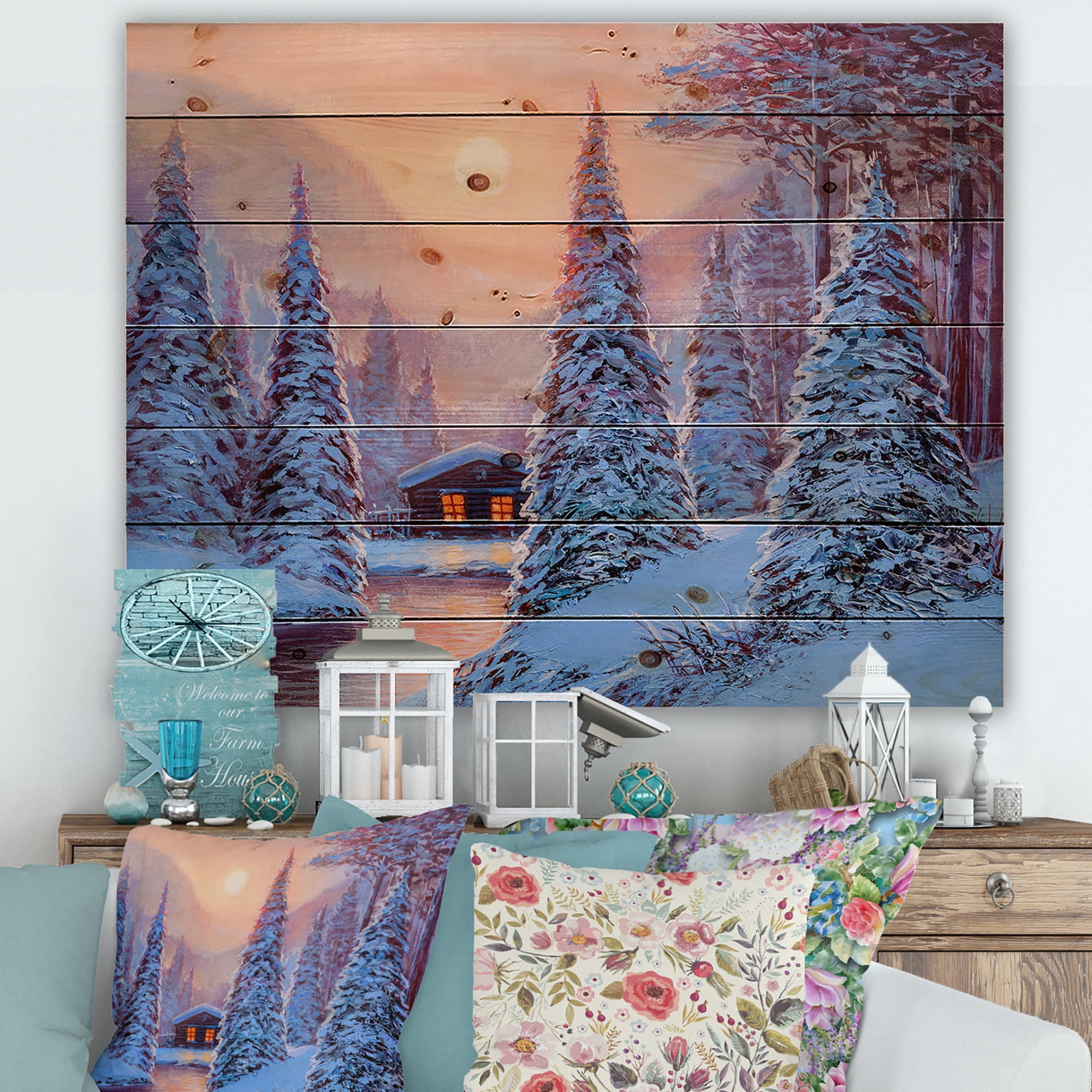 Designart 'The River House In The Woods and Winter Landscape I' Lake House Print on Natural Pine Wood