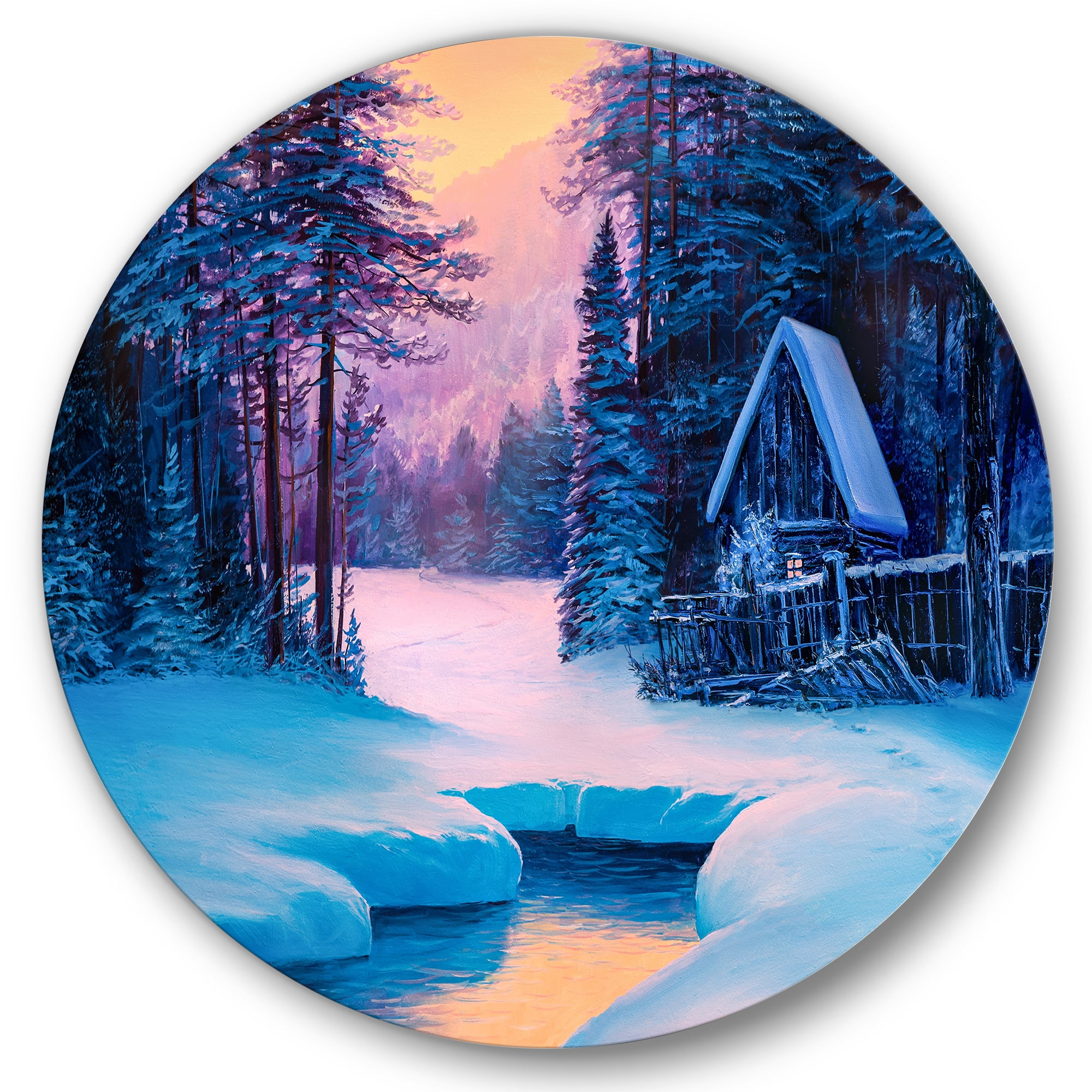 Designart 'The River House In The Woods and Winter Landscape II' Lake House Circle Metal Wall Art 29x29 - Disc of 29