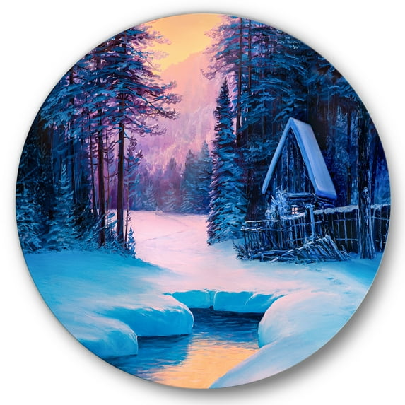 Designart 'The River House In The Woods and Winter Landscape II' Lake House Circle Metal Wall Art 36x36 - Disc of 36