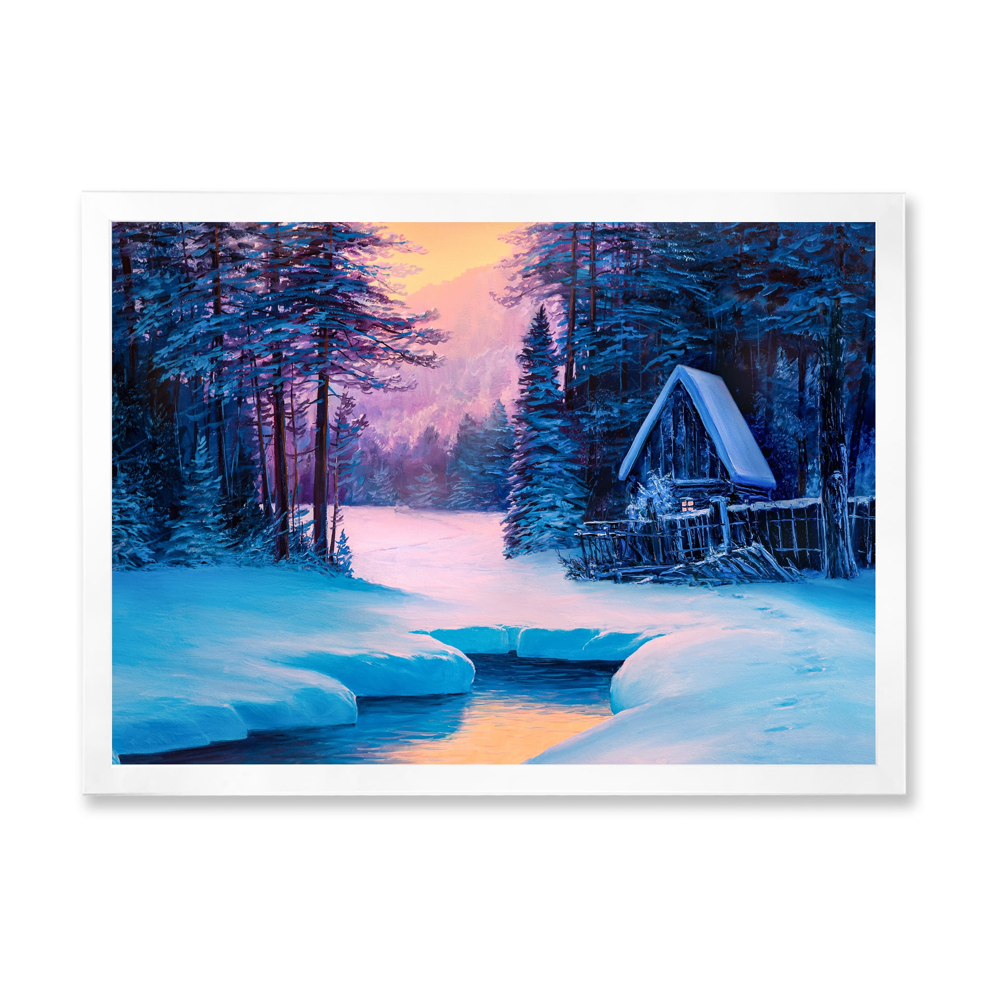 Designart 'The River House In The Woods and Winter Landscape II' Lake House Framed Art Print