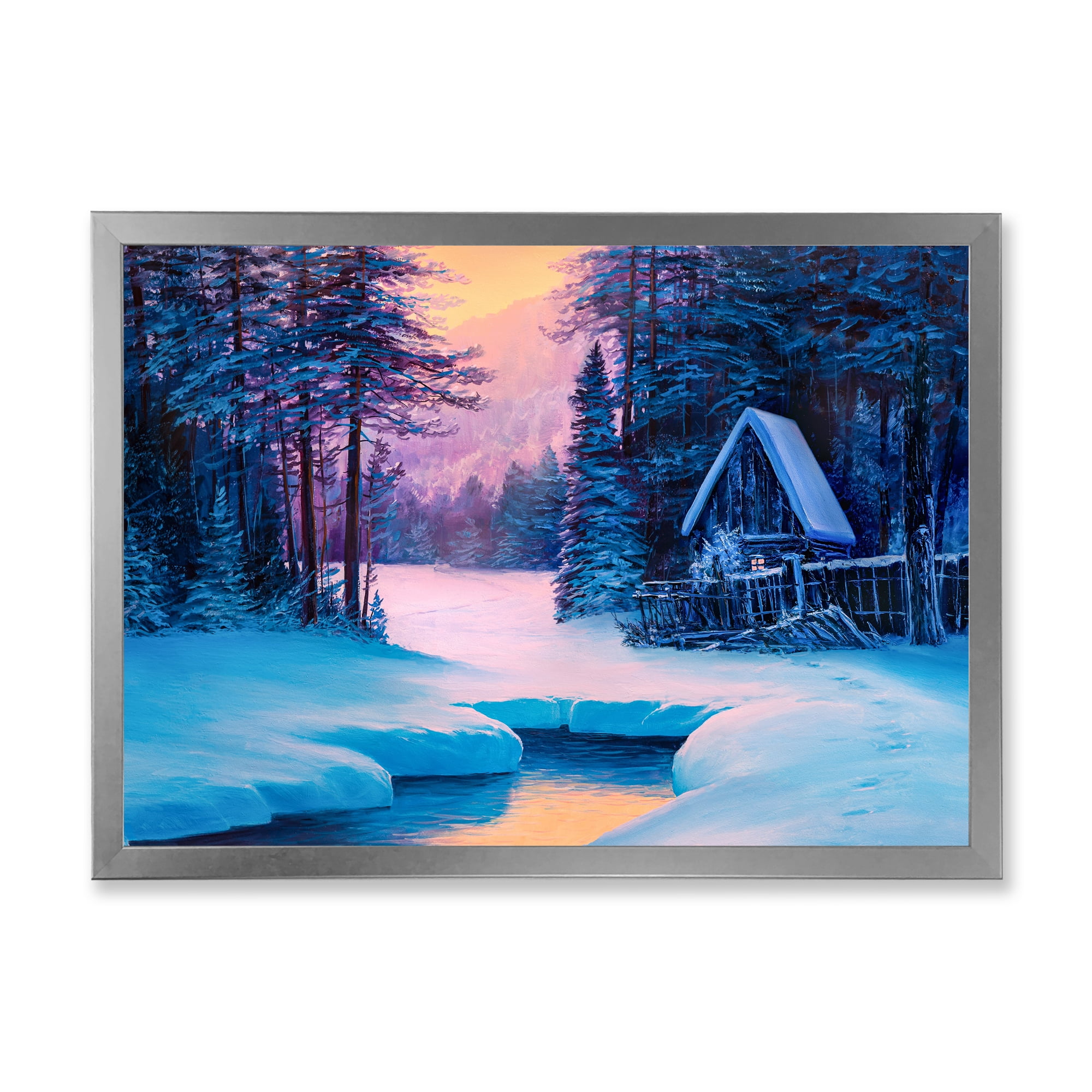 Designart 'The River House In The Woods and Winter Landscape II' Lake House Framed Art Print