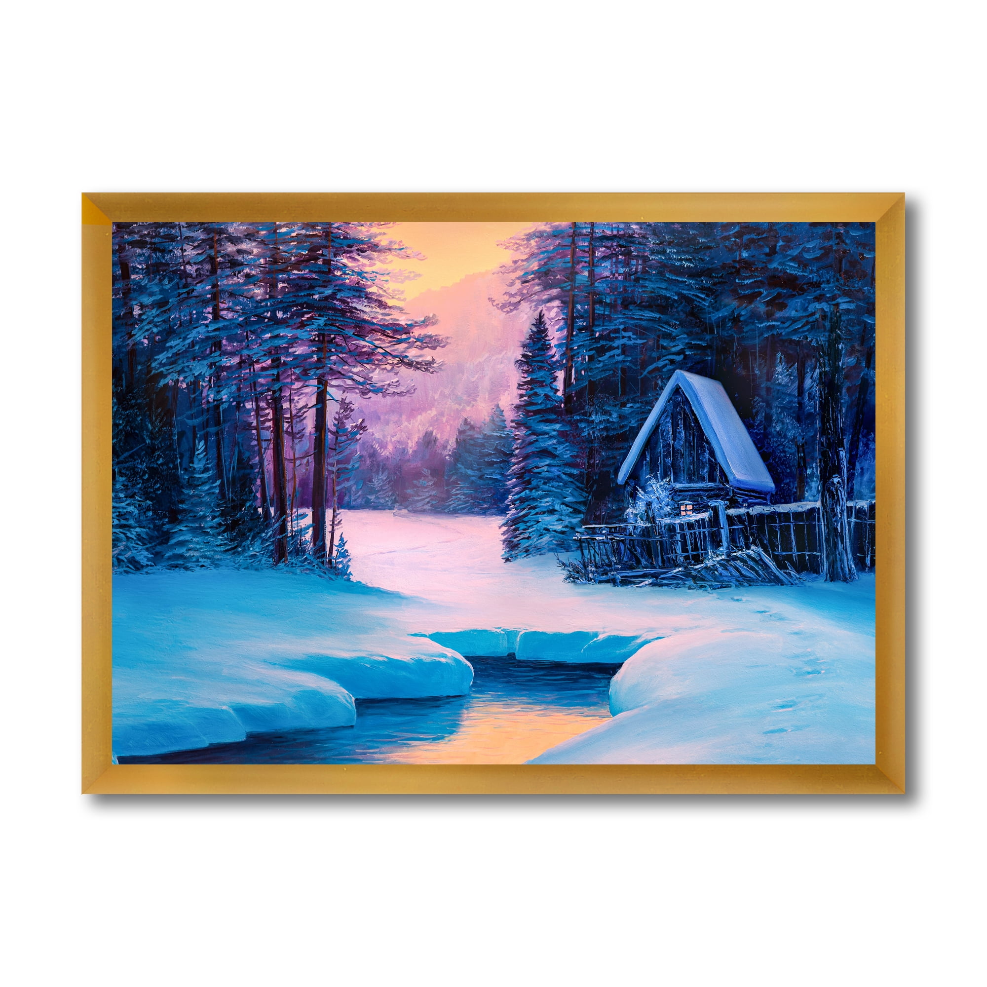 Designart 'The River House In The Woods and Winter Landscape II' Lake House Framed Art Print