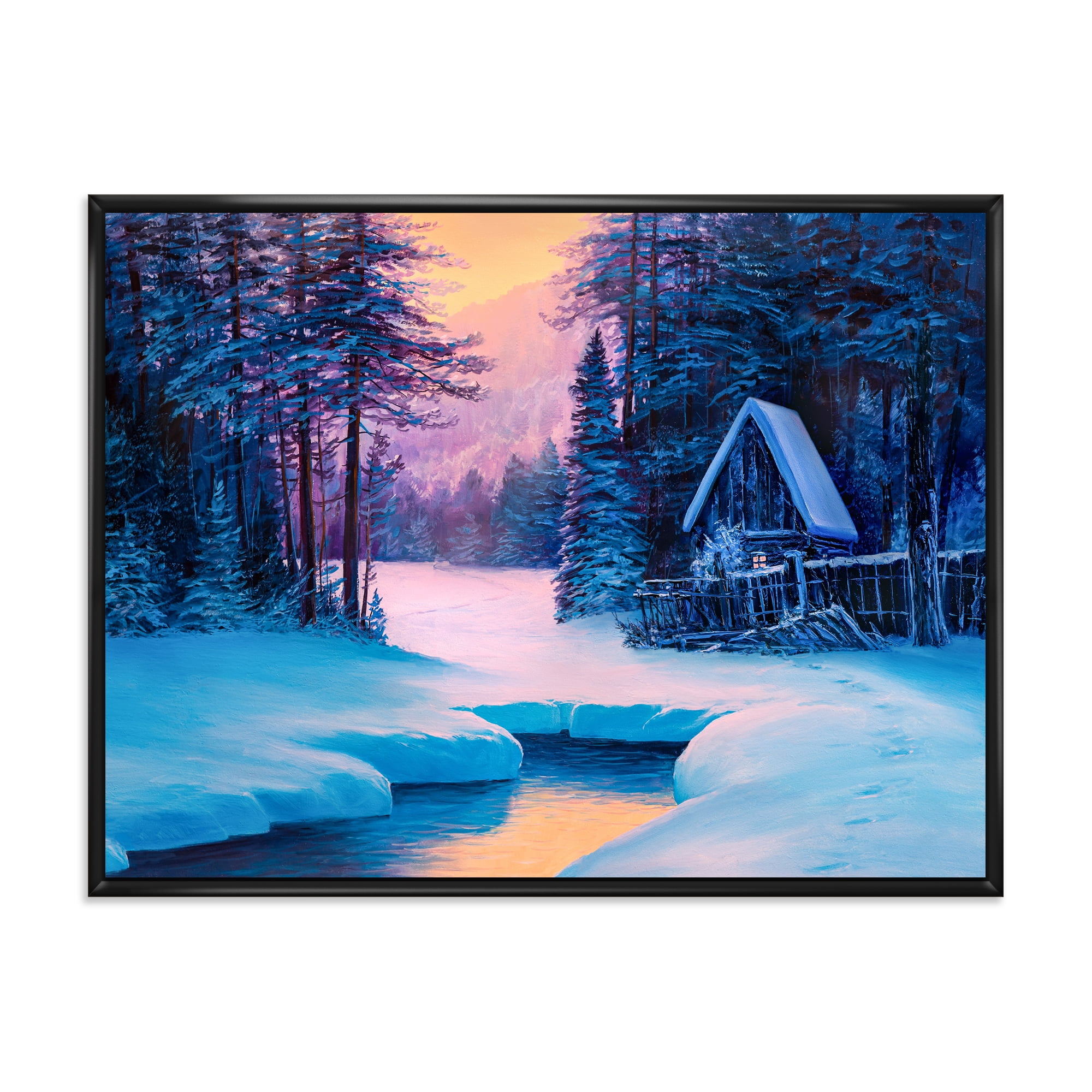 Designart 'The River House In The Woods and Winter Landscape II' Lake House Framed Canvas Wall Art Print