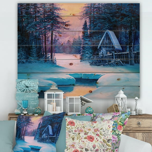 Designart 'The River House In The Woods and Winter Landscape II' Lake House Print on Natural Pine Wood
