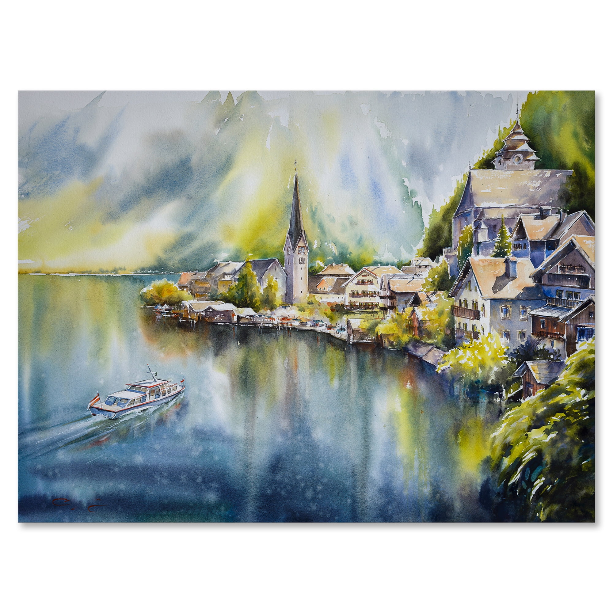 Designart ' The River In Austria Through Mountain Village ' Nautical & Coastal Canvas Wall Art Print