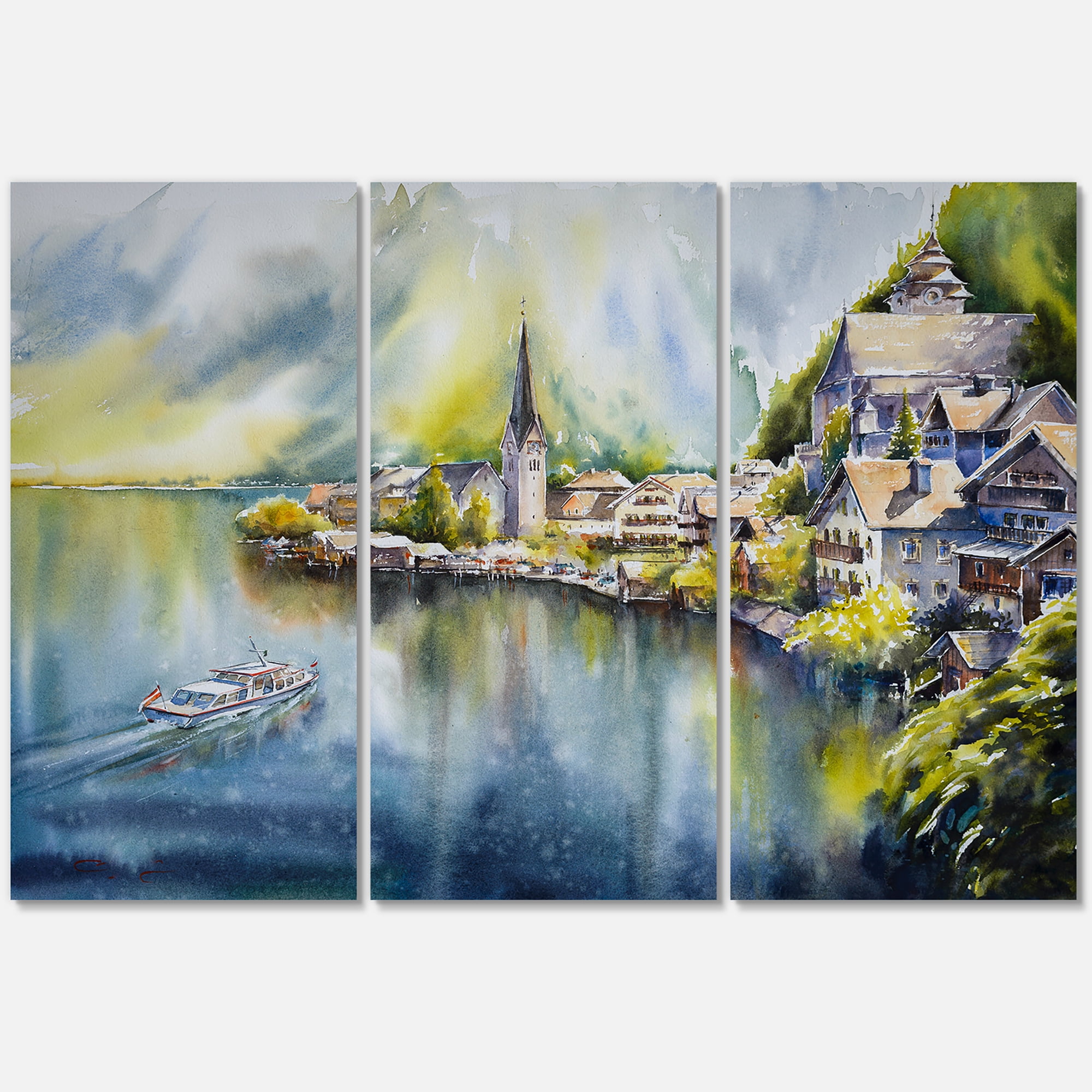 Designart ' The River In Austria Through Mountain Village ' Nautical & Coastal Canvas Wall Art Print