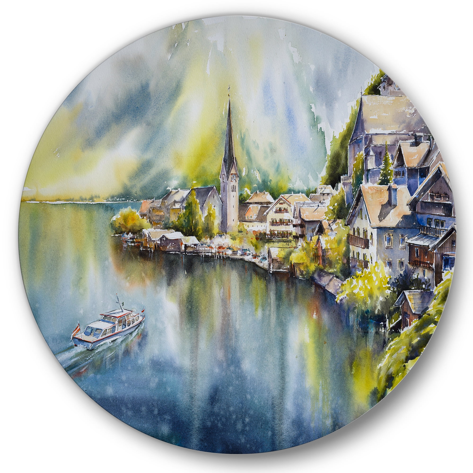 Designart 'The River In Austria Through Mountain Village' Nautical & Coastal Circle Metal Wall Art 23x23 - Disc of 23