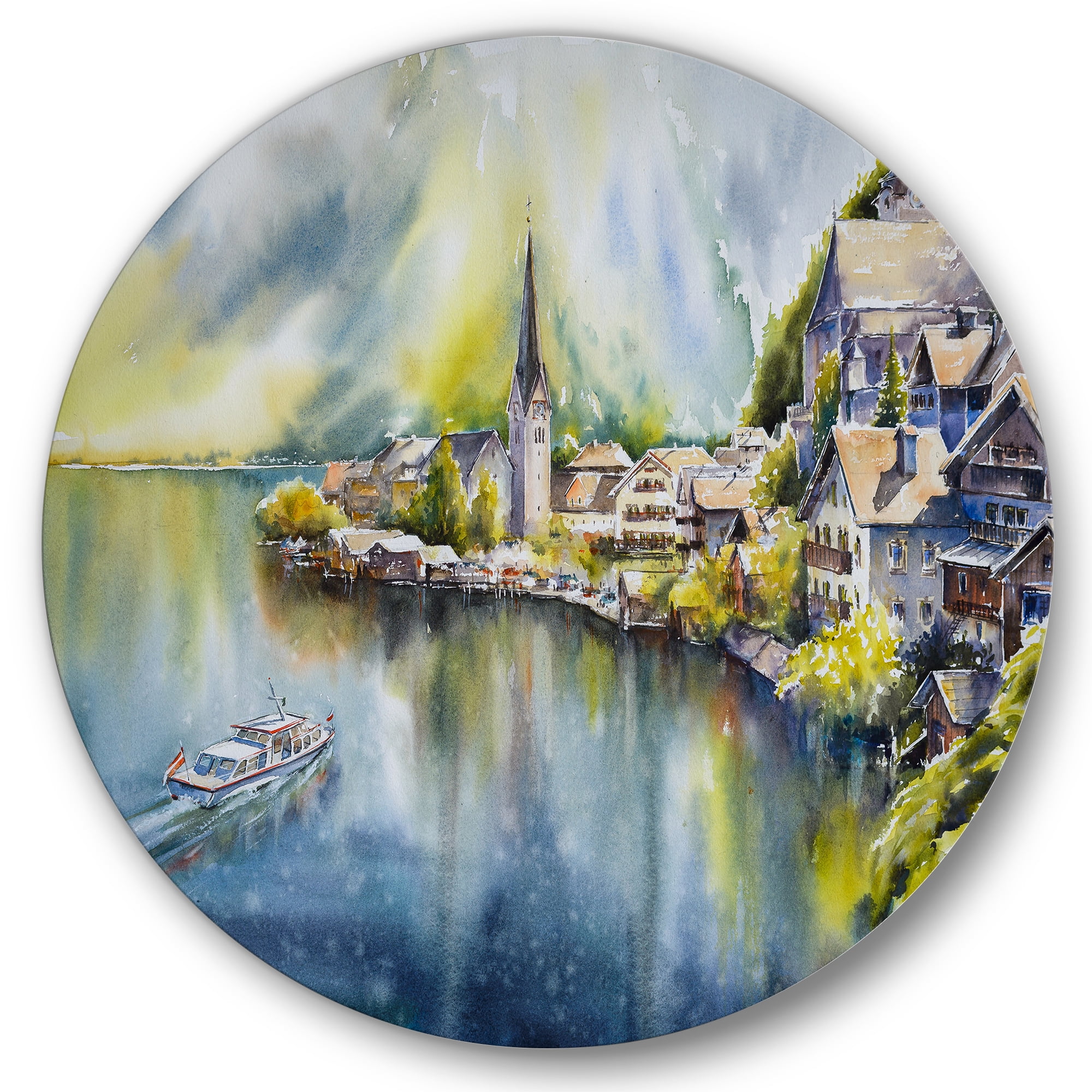 Designart 'The River In Austria Through Mountain Village' Nautical & Coastal Circle Metal Wall Art 36x36 - Disc of 36