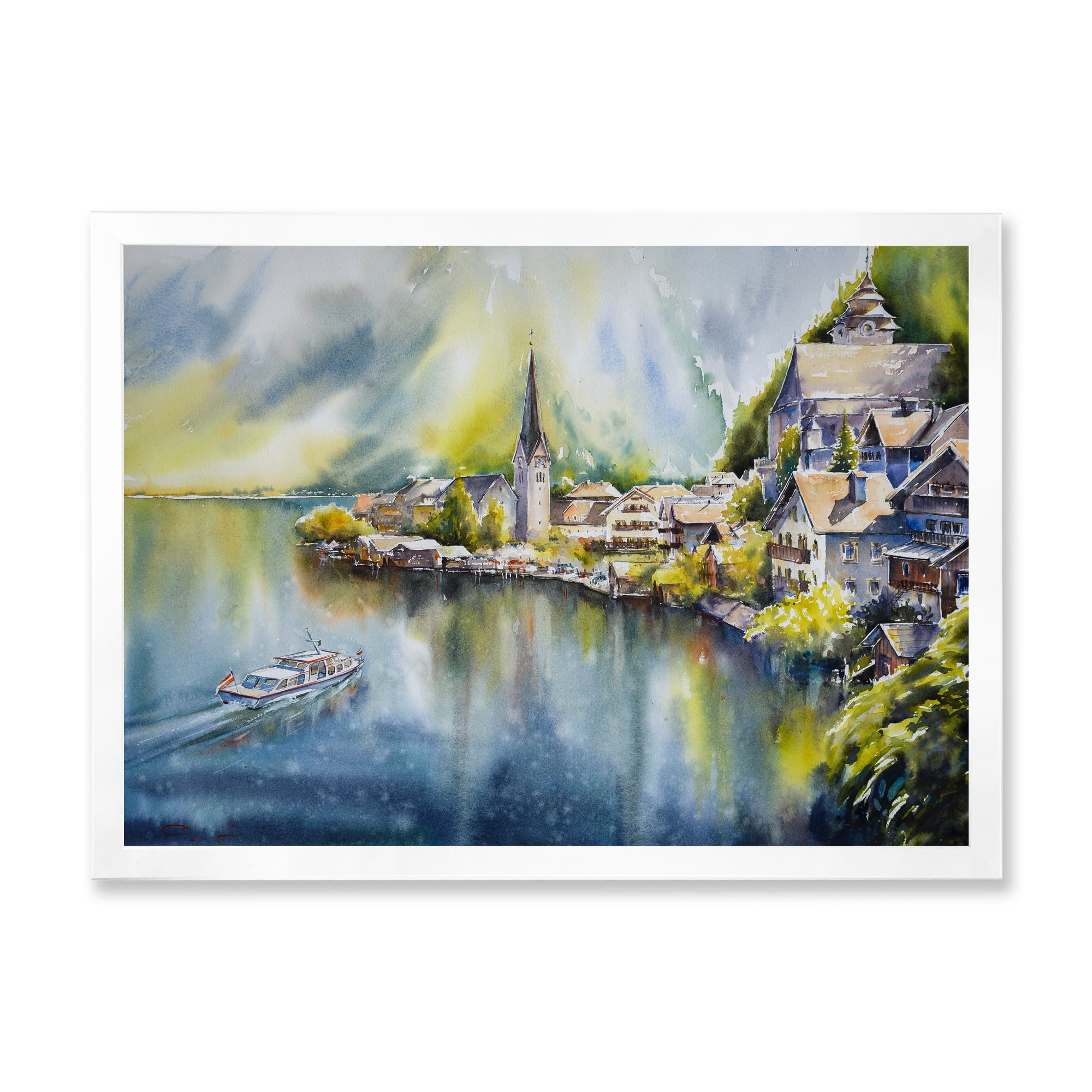 Designart 'The River In Austria Through Mountain Village' Nautical & Coastal Framed Art Print