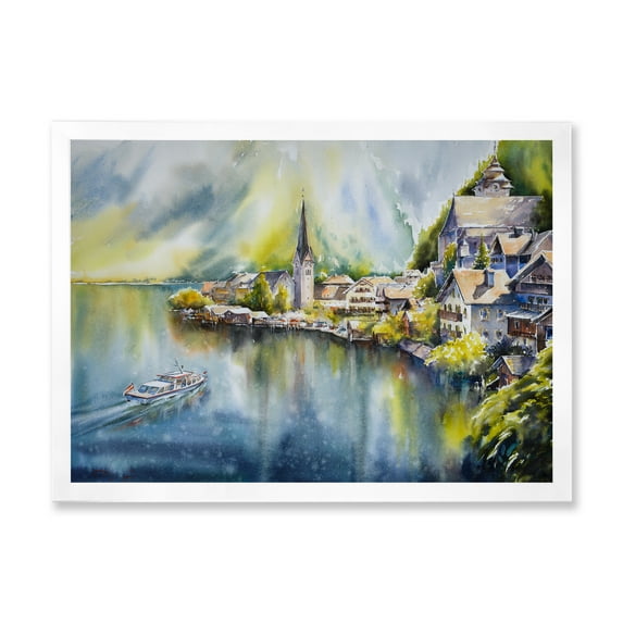 Designart 'The River In Austria Through Mountain Village' Nautical & Coastal Framed Art Print