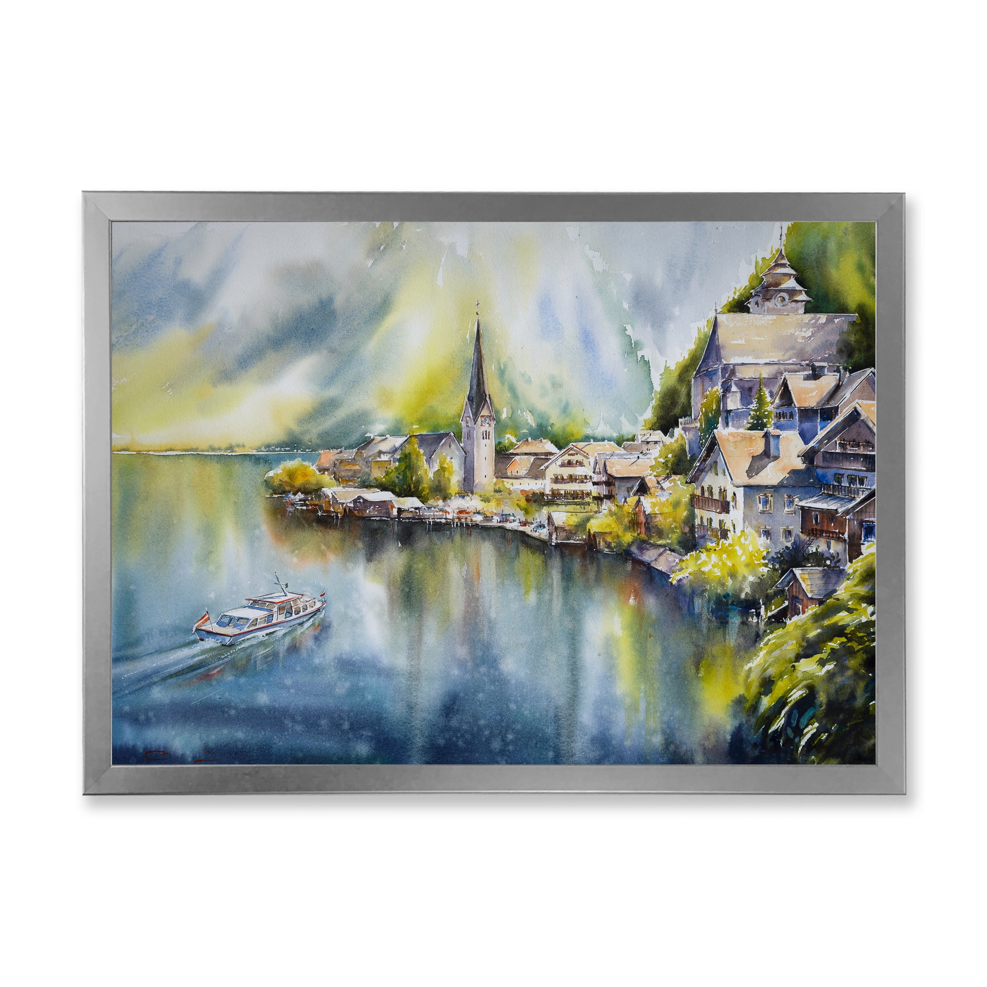 Designart 'The River In Austria Through Mountain Village' Nautical & Coastal Framed Art Print