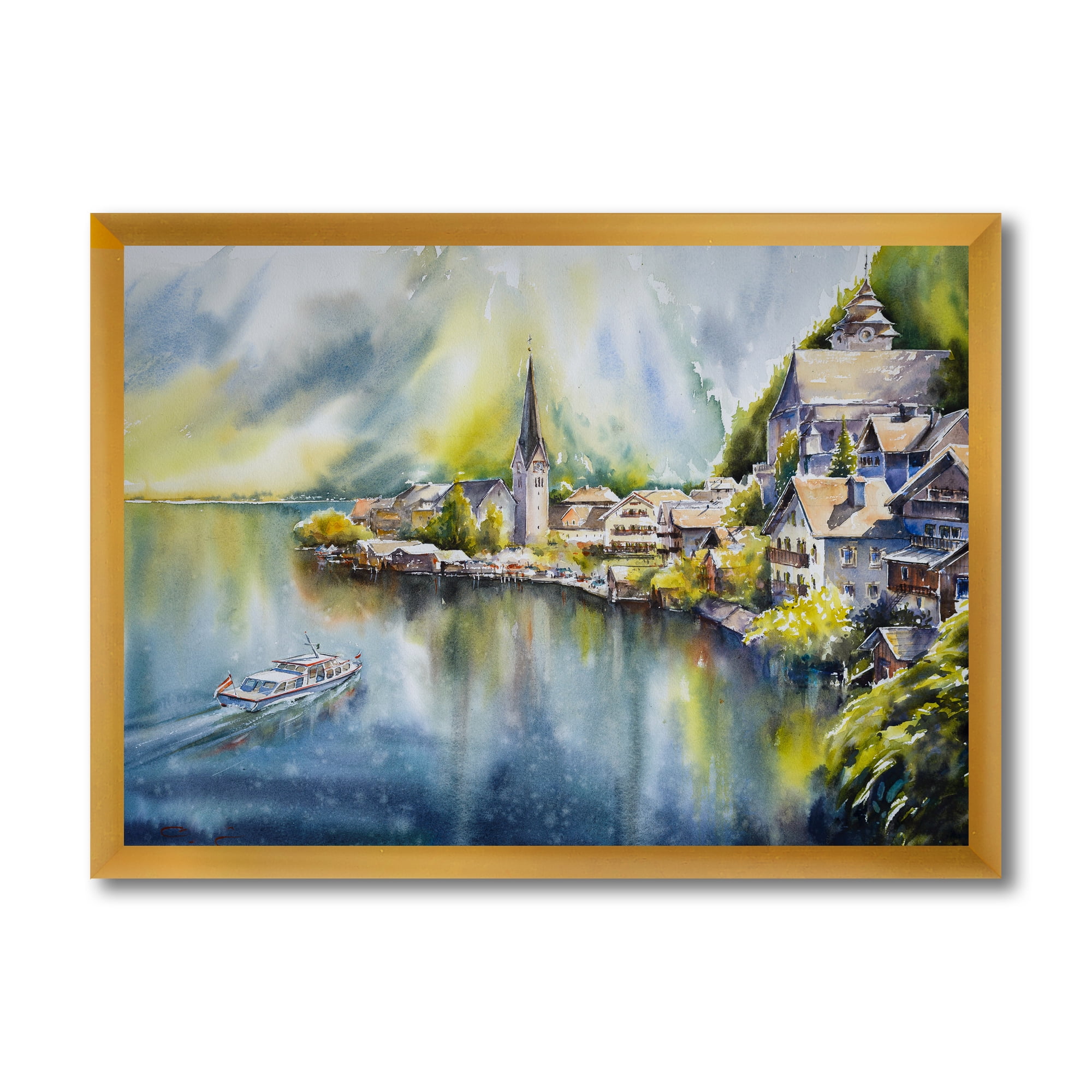 Designart 'The River In Austria Through Mountain Village' Nautical & Coastal Framed Art Print