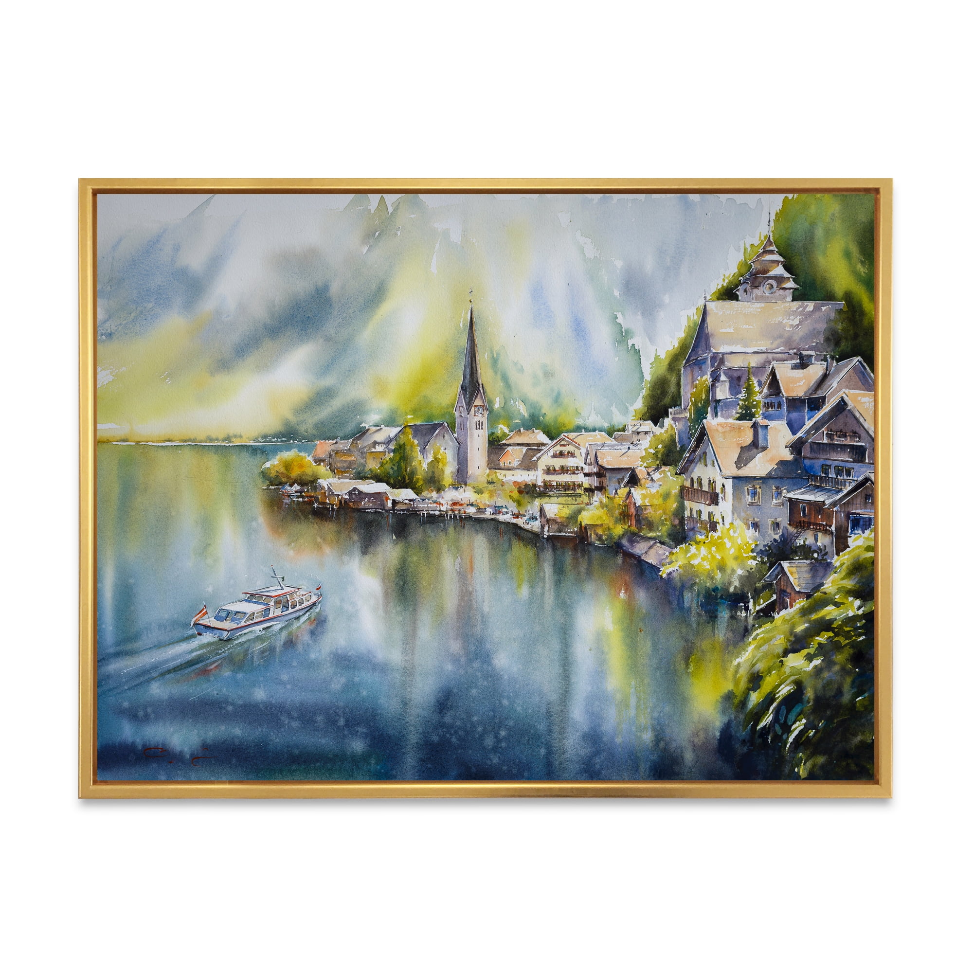 Designart 'The River In Austria Through Mountain Village' Nautical & Coastal Framed Canvas Wall Art Print