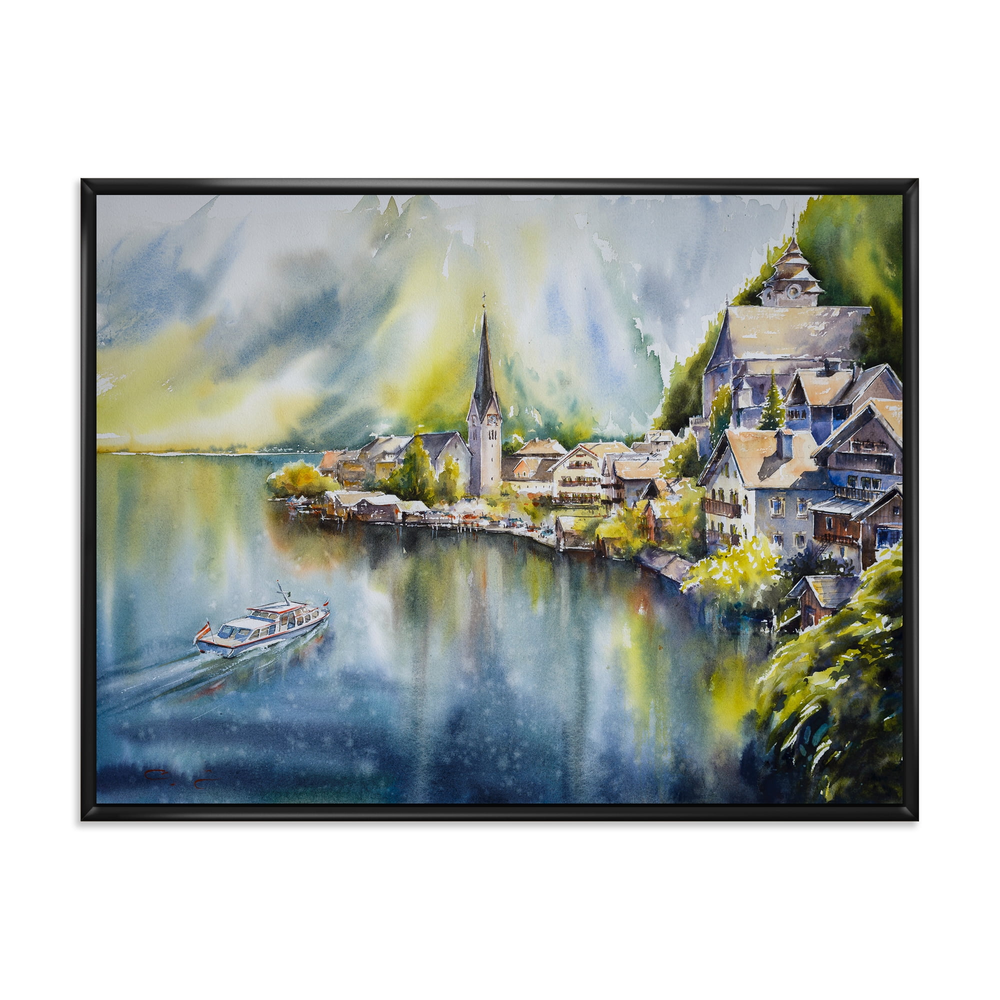Designart 'The River In Austria Through Mountain Village' Nautical & Coastal Framed Canvas Wall Art Print