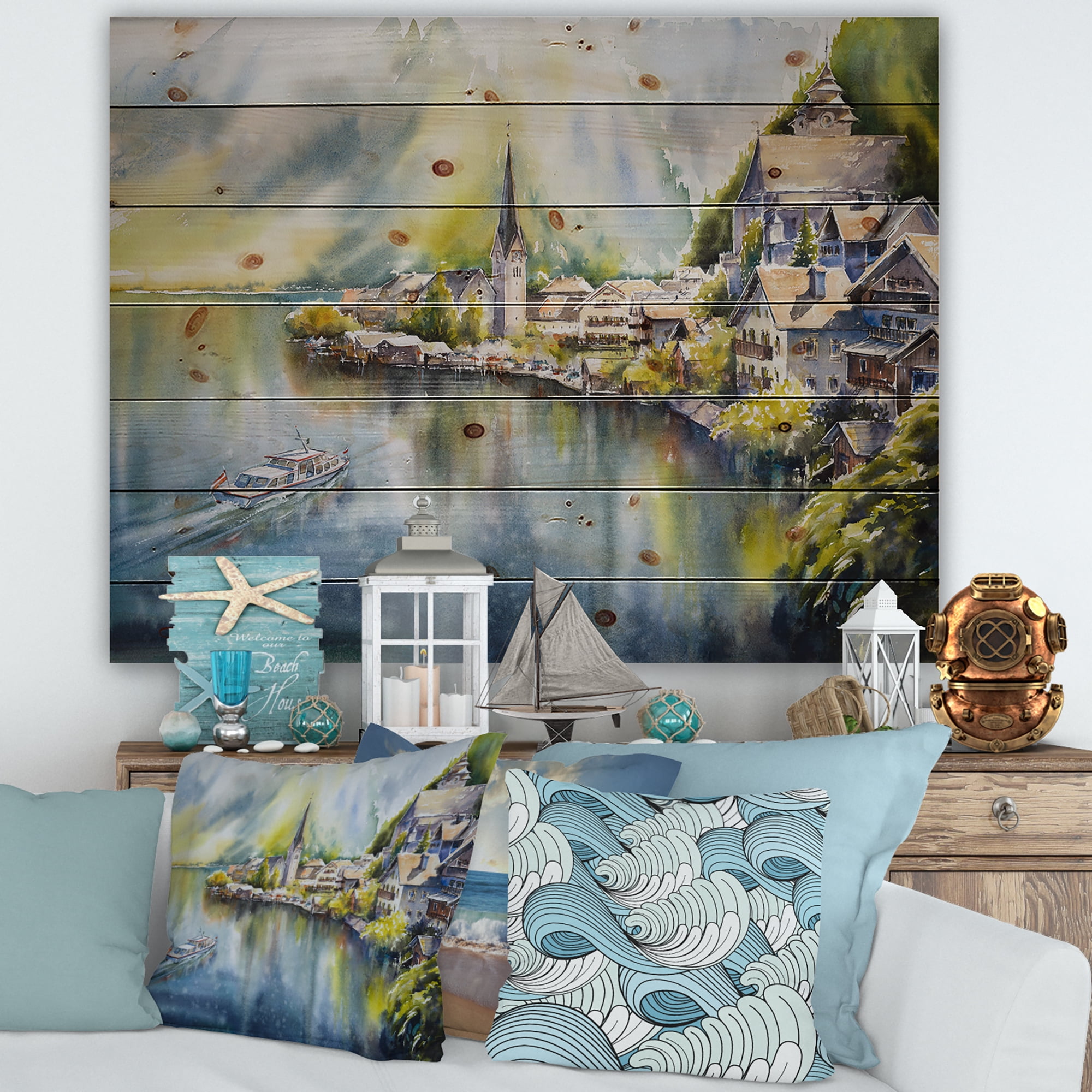 Designart 'The River In Austria Through Mountain Village' Nautical & Coastal Print on Natural Pine Wood