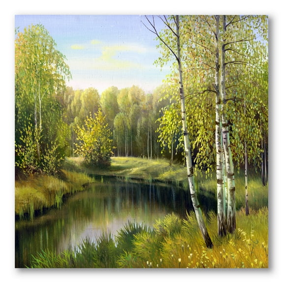 Designart ' The River In Silent Green Nature Through Birches ' Traditional Canvas Wall Art Print
