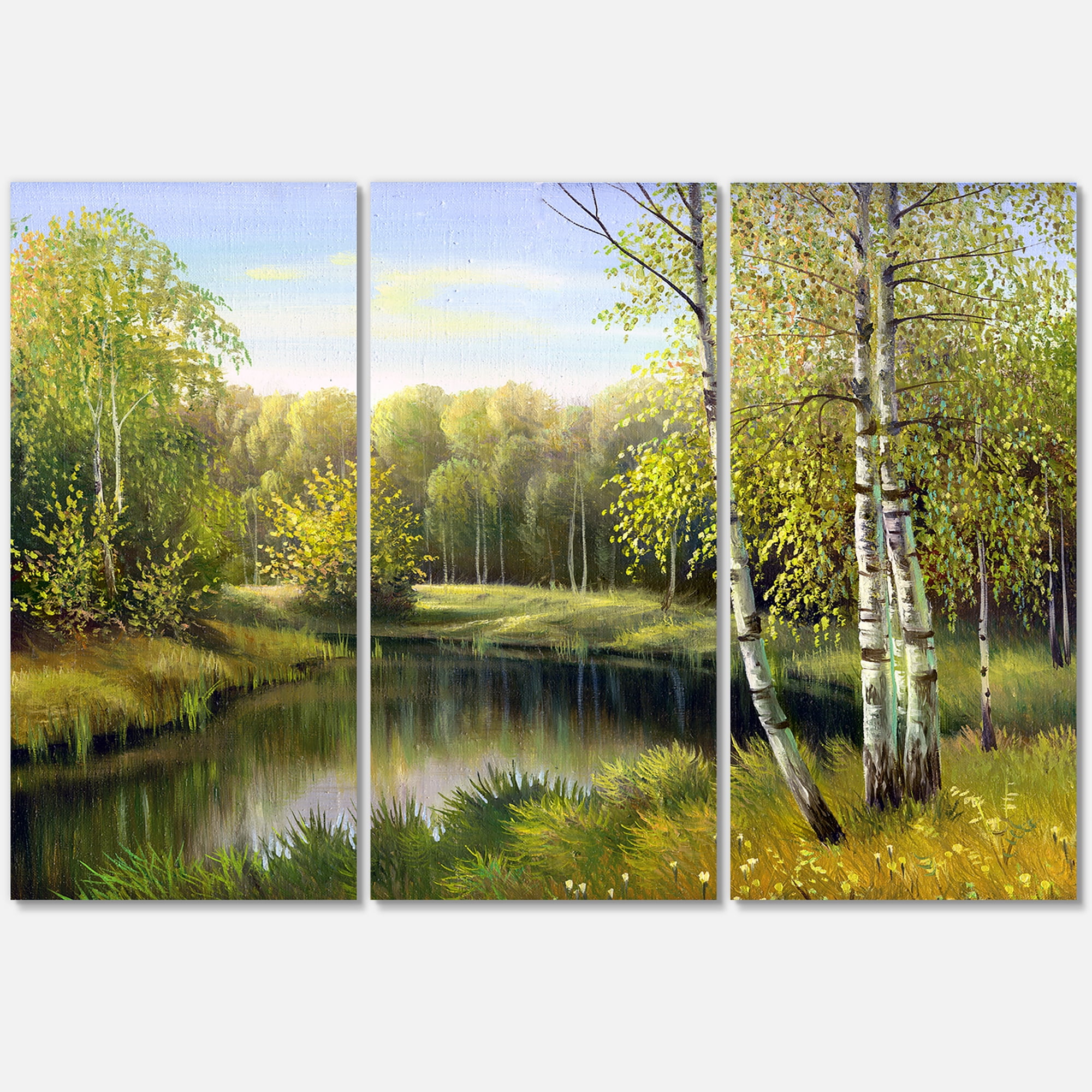 Designart ' The River In Silent Green Nature Through Birches ' Traditional Canvas Wall Art Print
