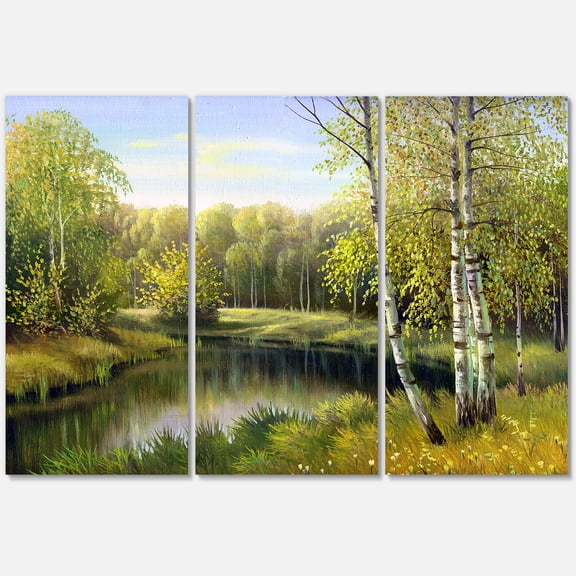 Designart ' The River In Silent Green Nature Through Birches ' Traditional Canvas Wall Art Print