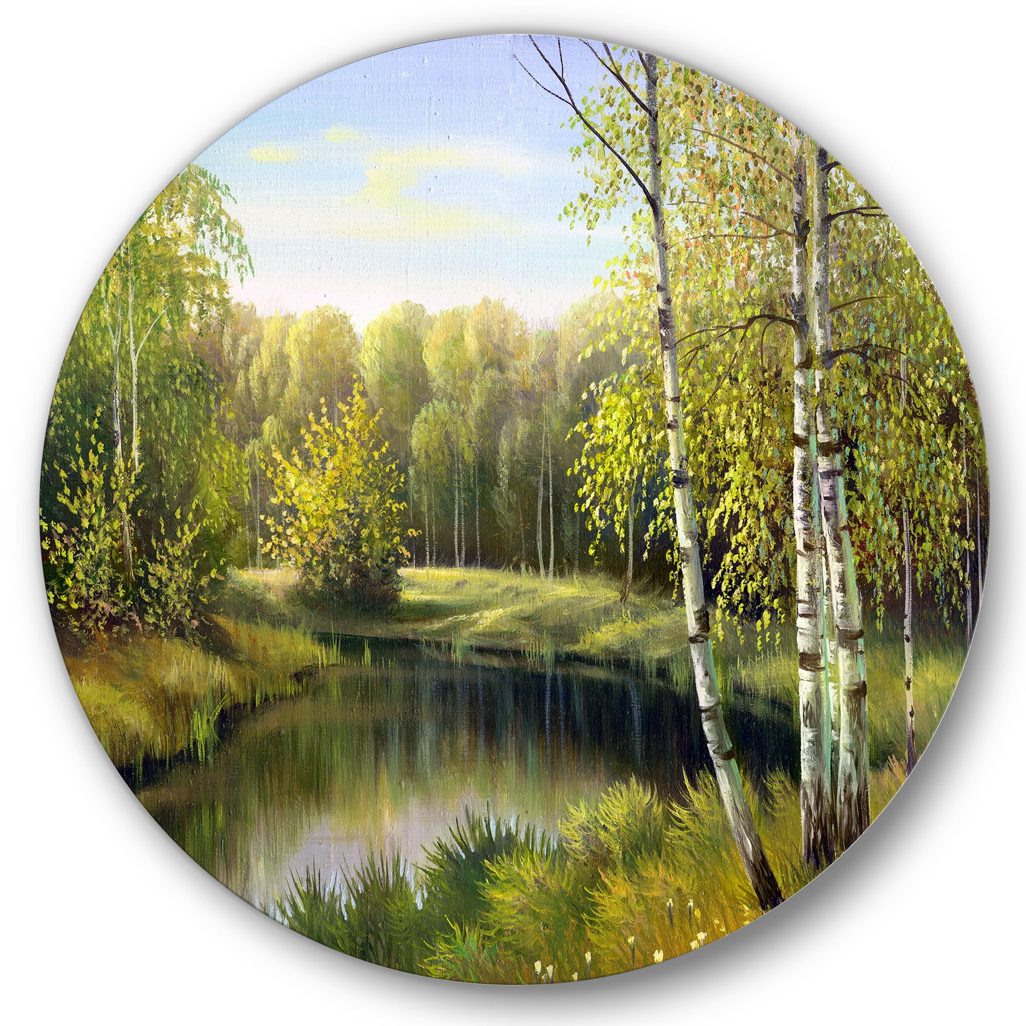 Designart 'The River In Silent Green Nature Through Birches' Traditional Circle Metal Wall Art 11x11 - Disc of 11