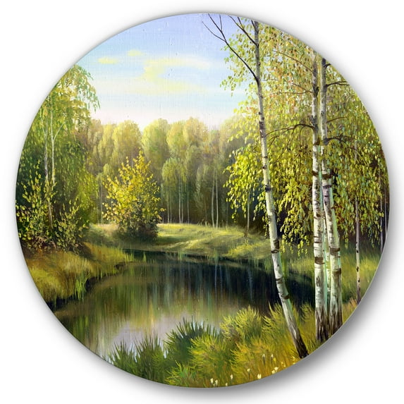 Designart 'The River In Silent Green Nature Through Birches' Traditional Circle Metal Wall Art 11x11 - Disc of 11