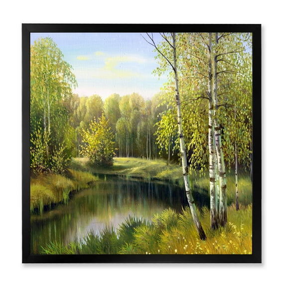 Designart 'The River In Silent Green Nature Through Birches' Traditional Framed Art Print