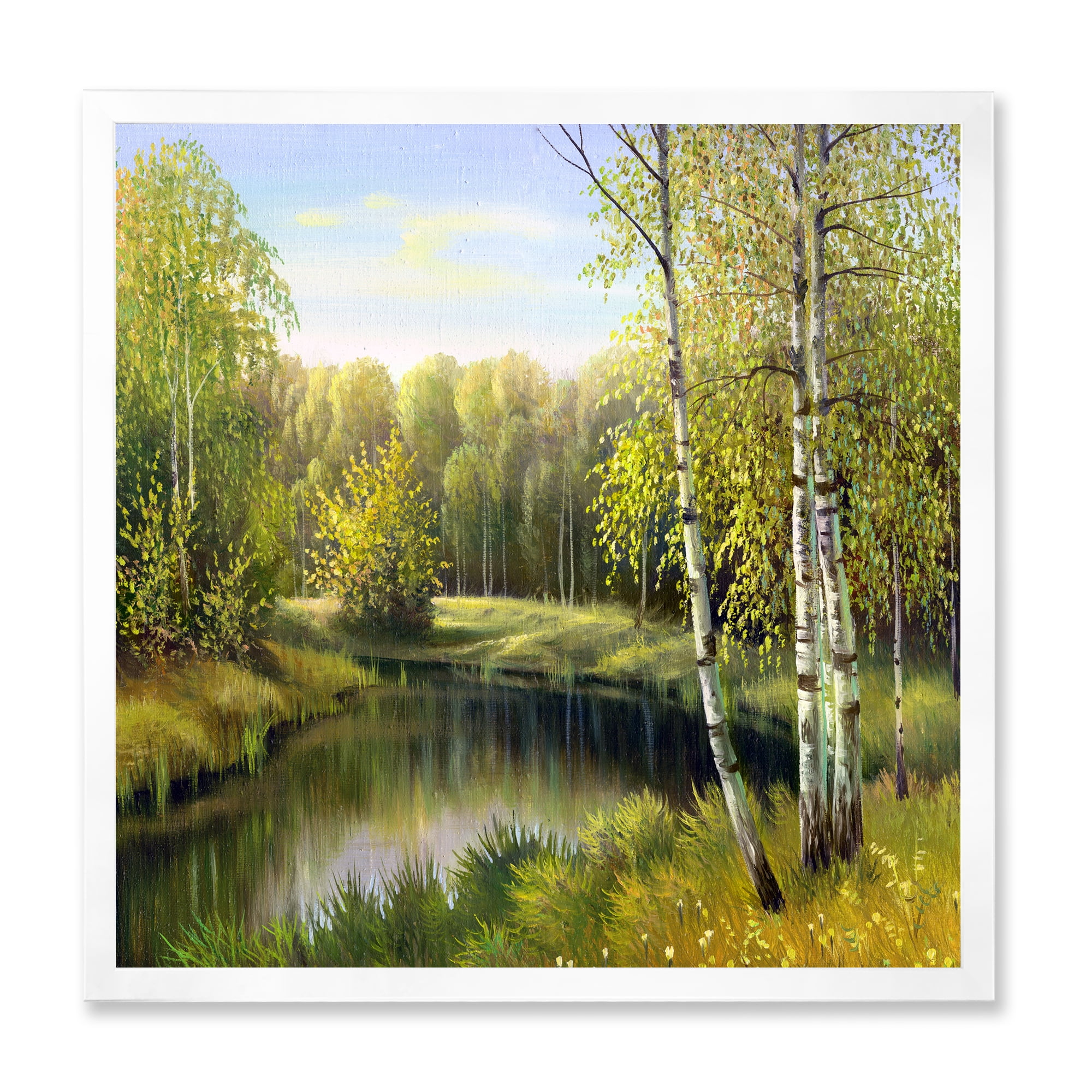 Designart 'The River In Silent Green Nature Through Birches' Traditional Framed Art Print