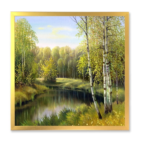 Designart 'The River In Silent Green Nature Through Birches' Traditional Framed Art Print