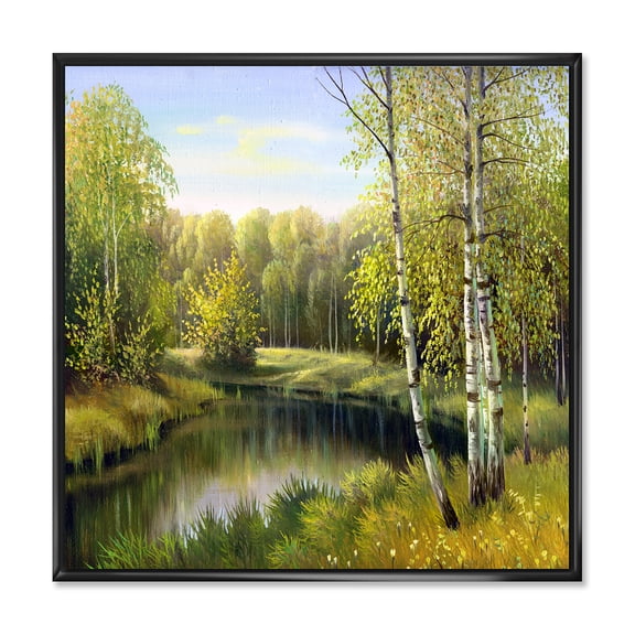 Designart 'The River In Silent Green Nature Through Birches' Traditional Framed Canvas Wall Art Print