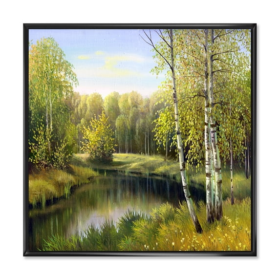 Designart 'The River In Silent Green Nature Through Birches' Traditional Framed Canvas Wall Art Print