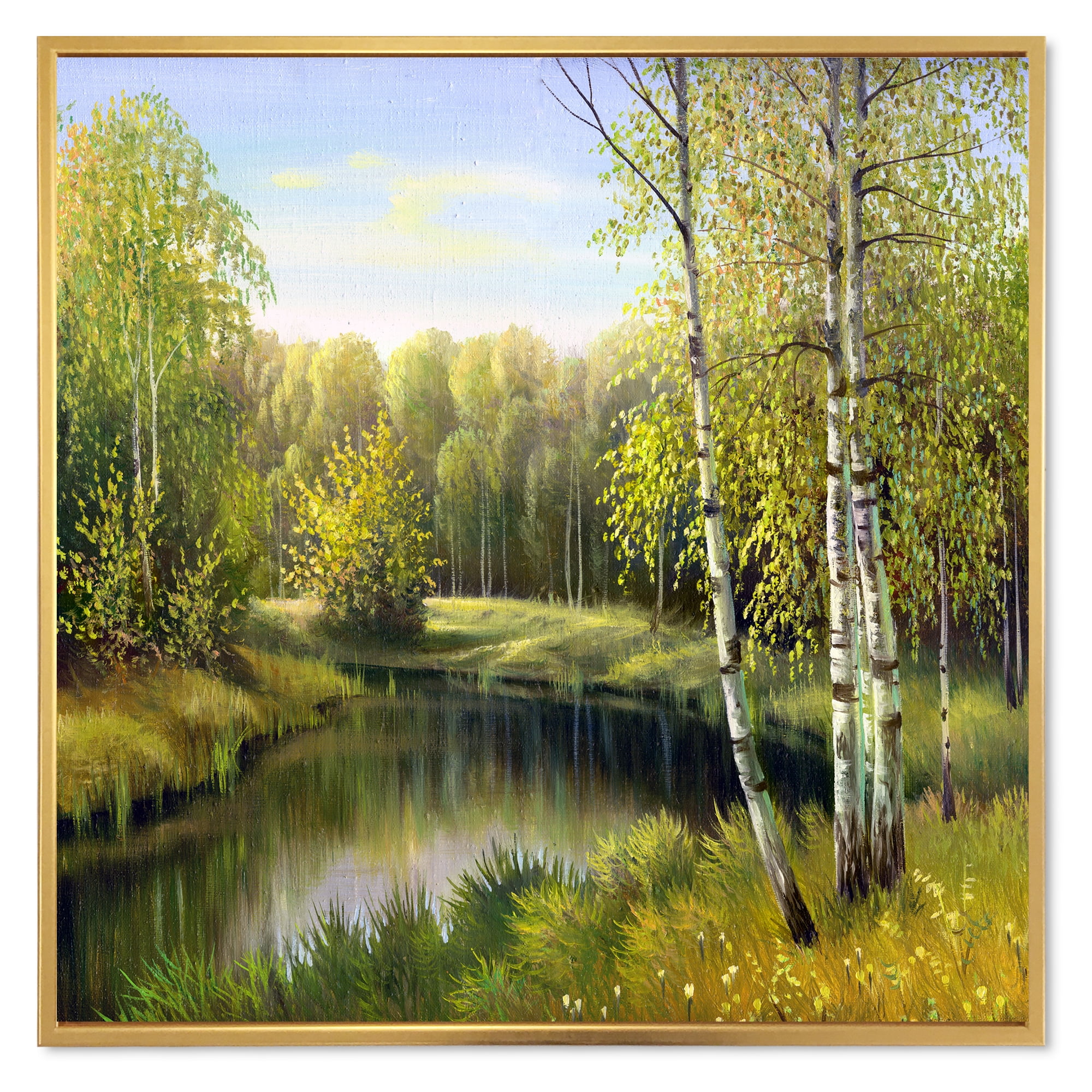 Designart 'The River In Silent Green Nature Through Birches' Traditional Framed Canvas Wall Art Print