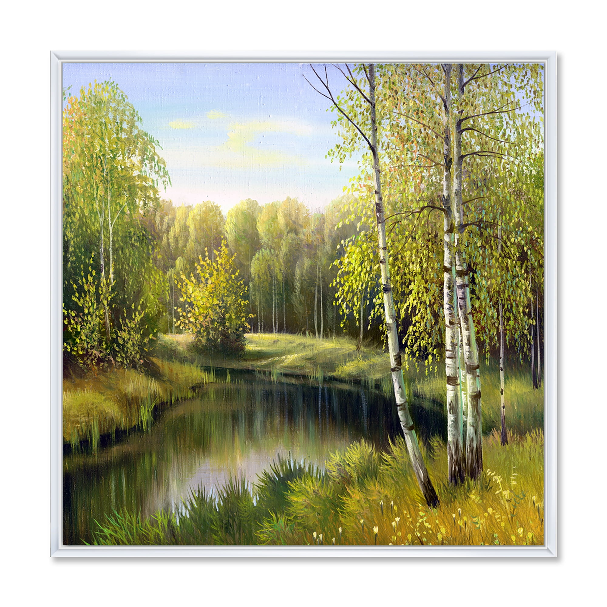 Designart 'The River In Silent Green Nature Through Birches' Traditional Framed Canvas Wall Art Print