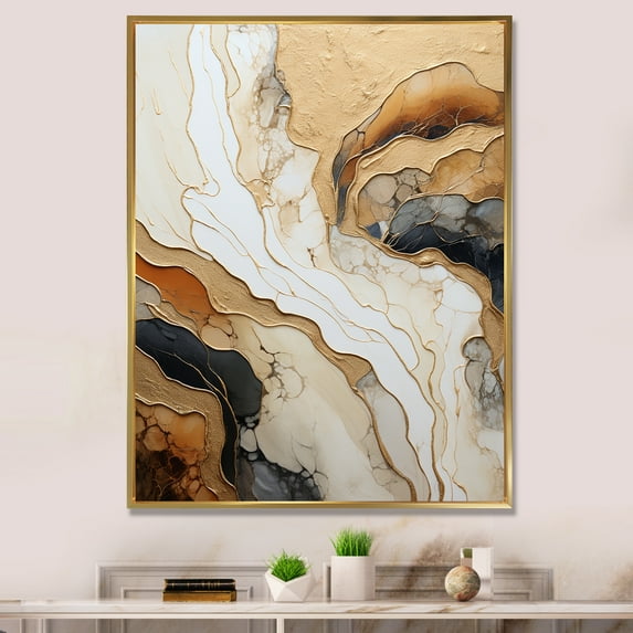 Designart "The River Of Golden And White Marble II" Abstract Marble Floater Framed Canvas Prints