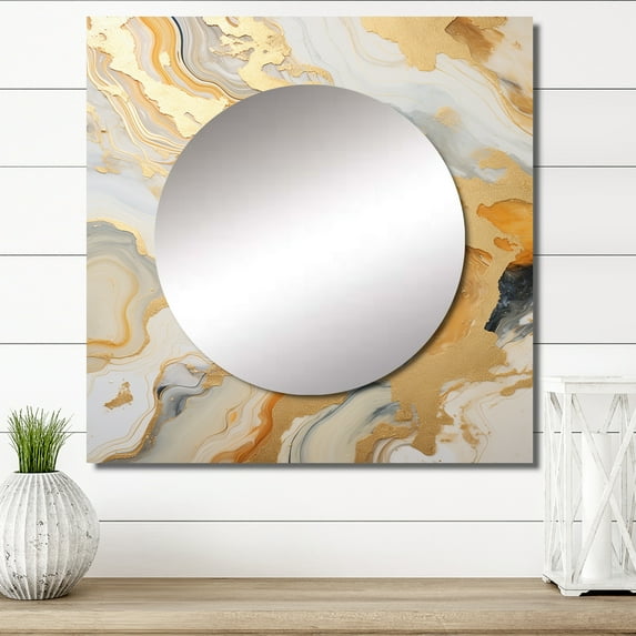 Designart "The River Of Golden And White Marble" abstract marble Square Mirror For Wall Decor - Large Gold Square Printed Wall Mirror Art - Square Modern Mirror - Wall Mounted Square Mirror