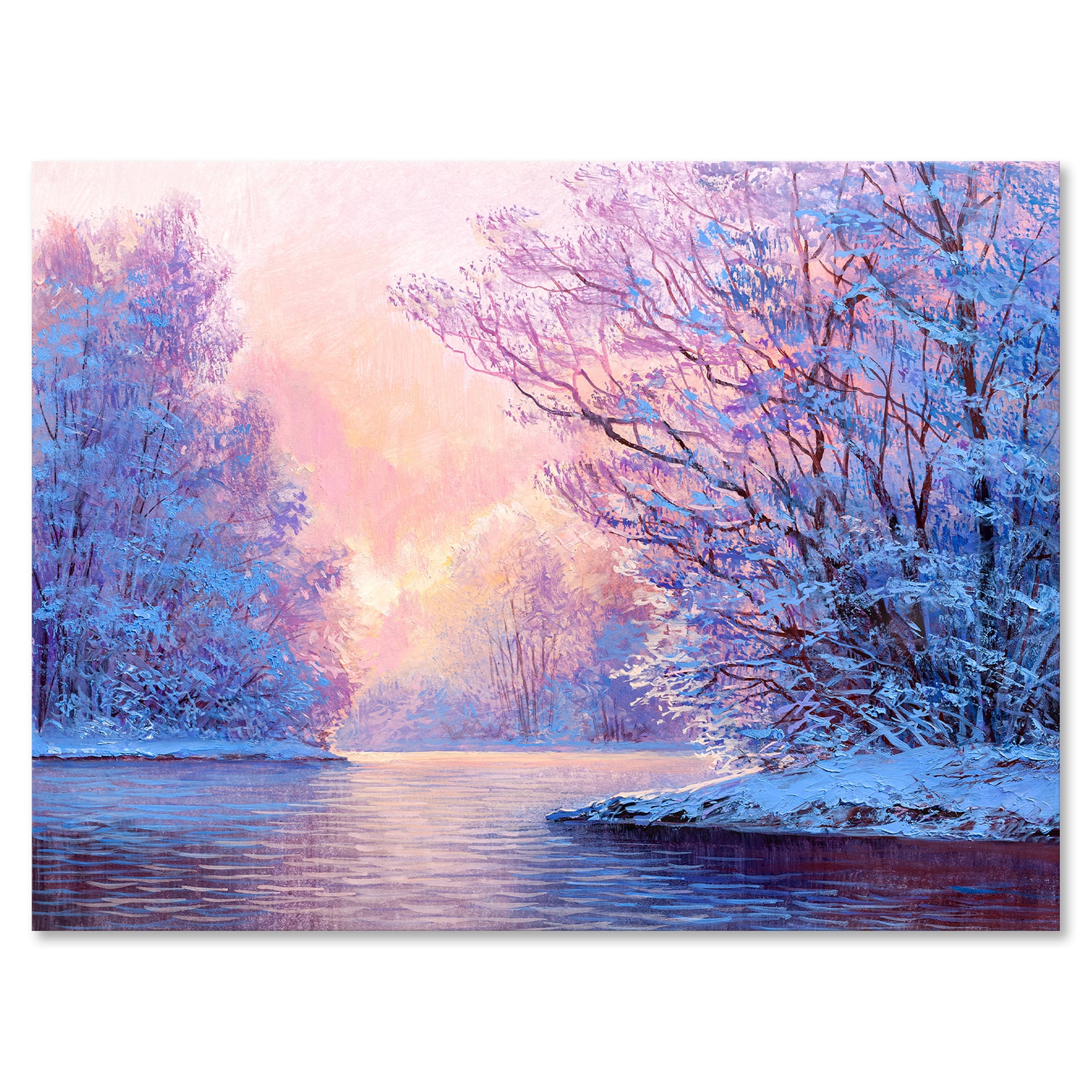 Designart ' The River Original With Winter Landscape ' Lake House Canvas Wall Art Print