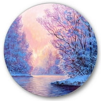 Designart 'The River Original With Winter Landscape' Lake House Circle Metal Wall Art 36x36 - Disc of 36