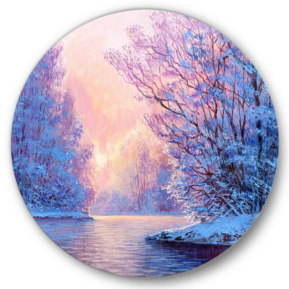 Designart 'The River Original With Winter Landscape' Lake House Circle Metal Wall Art 36x36 - Disc of 36