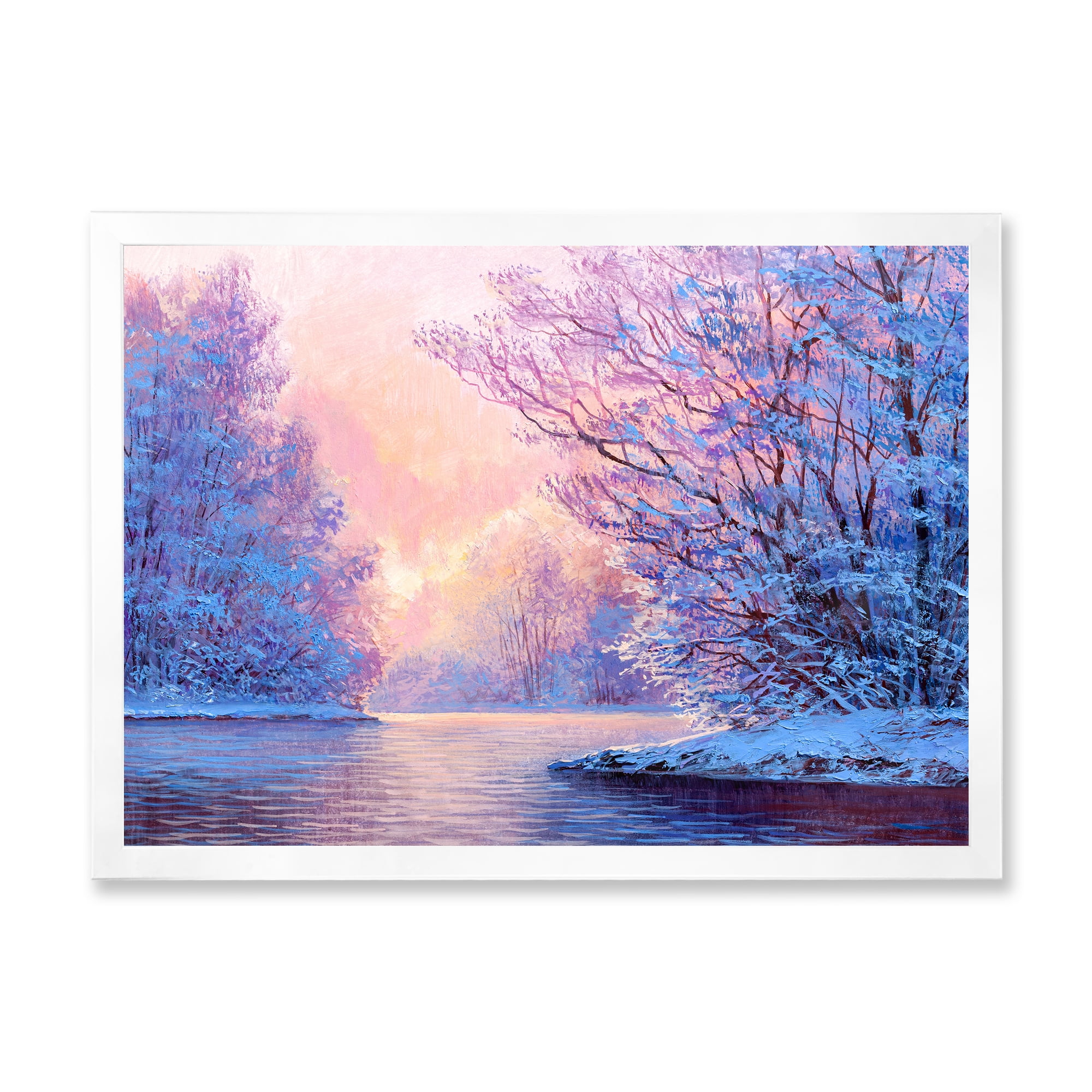 Designart 'The River Original With Winter Landscape' Lake House Framed Art Print