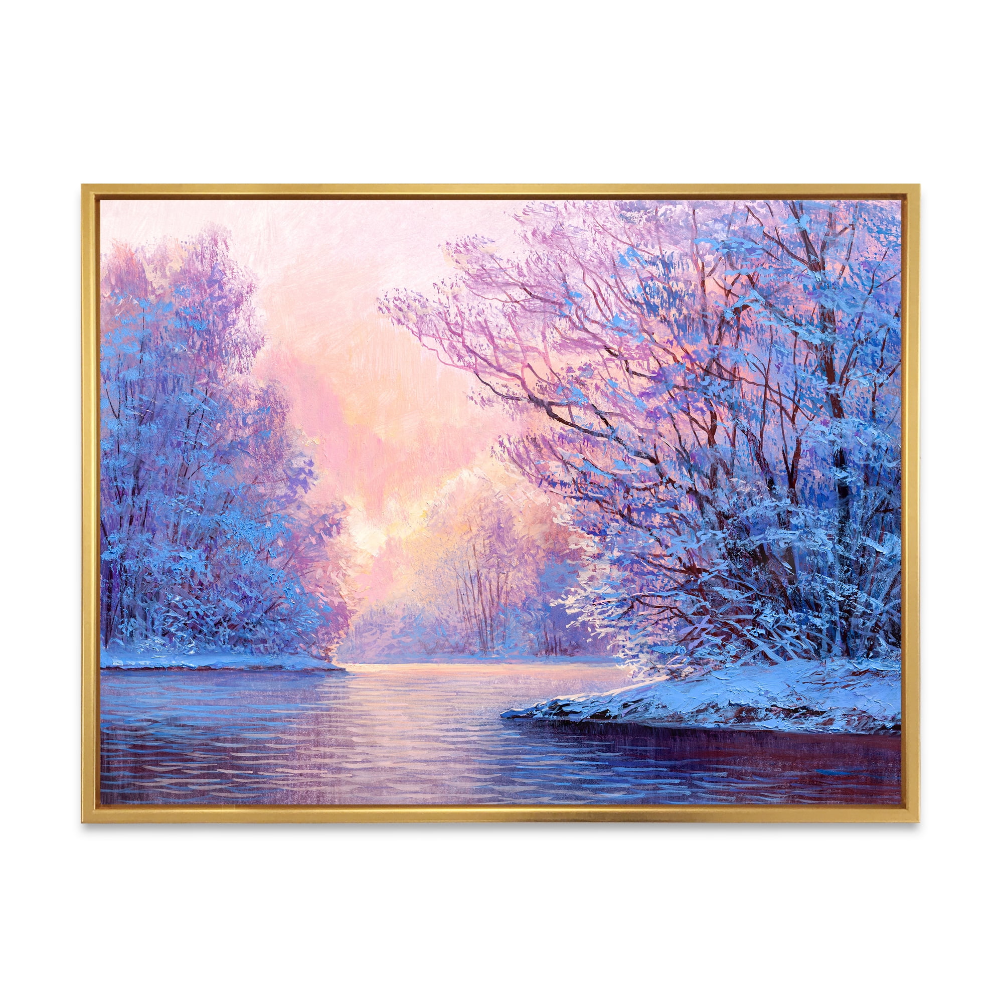 Designart 'The River Original With Winter Landscape' Lake House Framed Canvas Wall Art Print