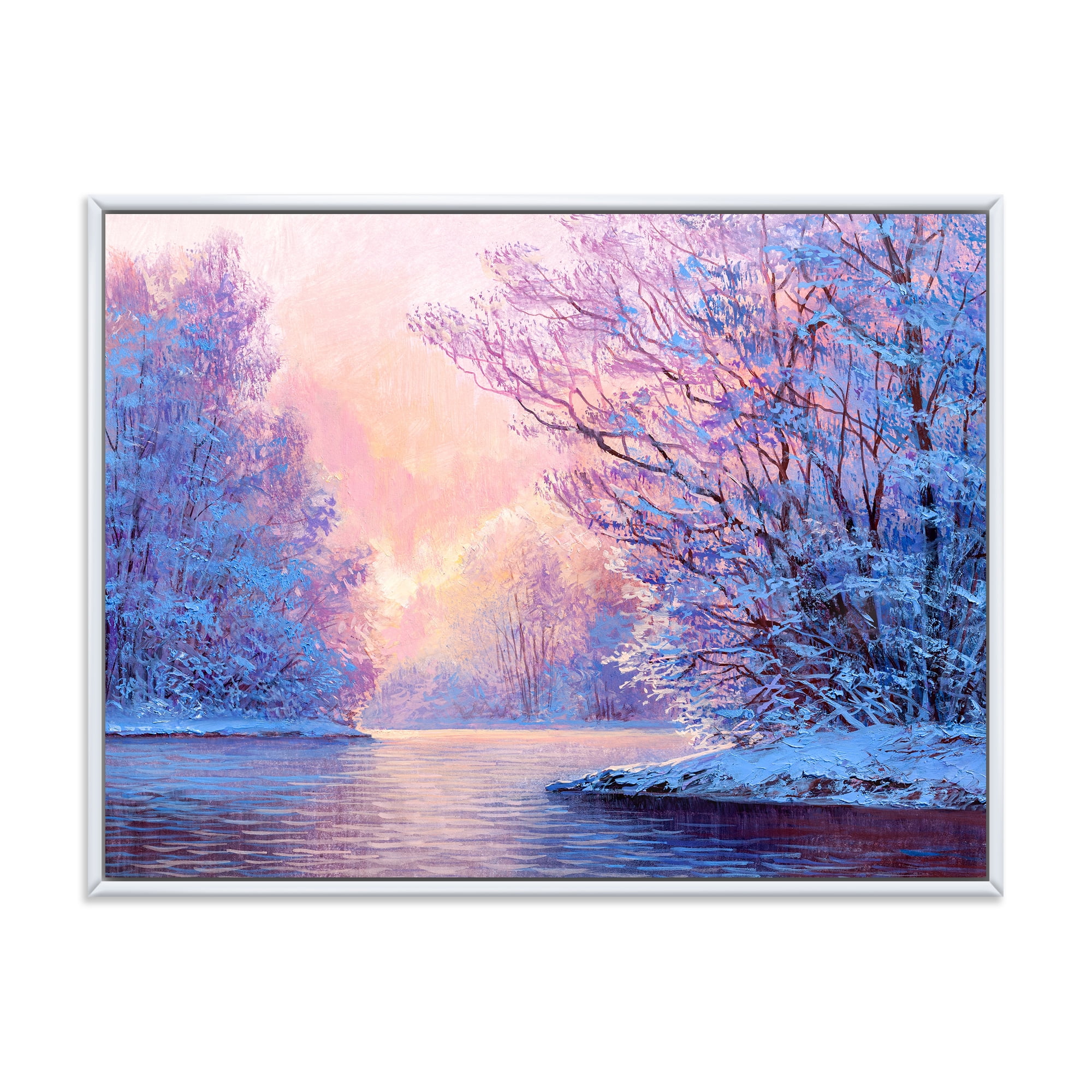 Designart 'The River Original With Winter Landscape' Lake House Framed Canvas Wall Art Print