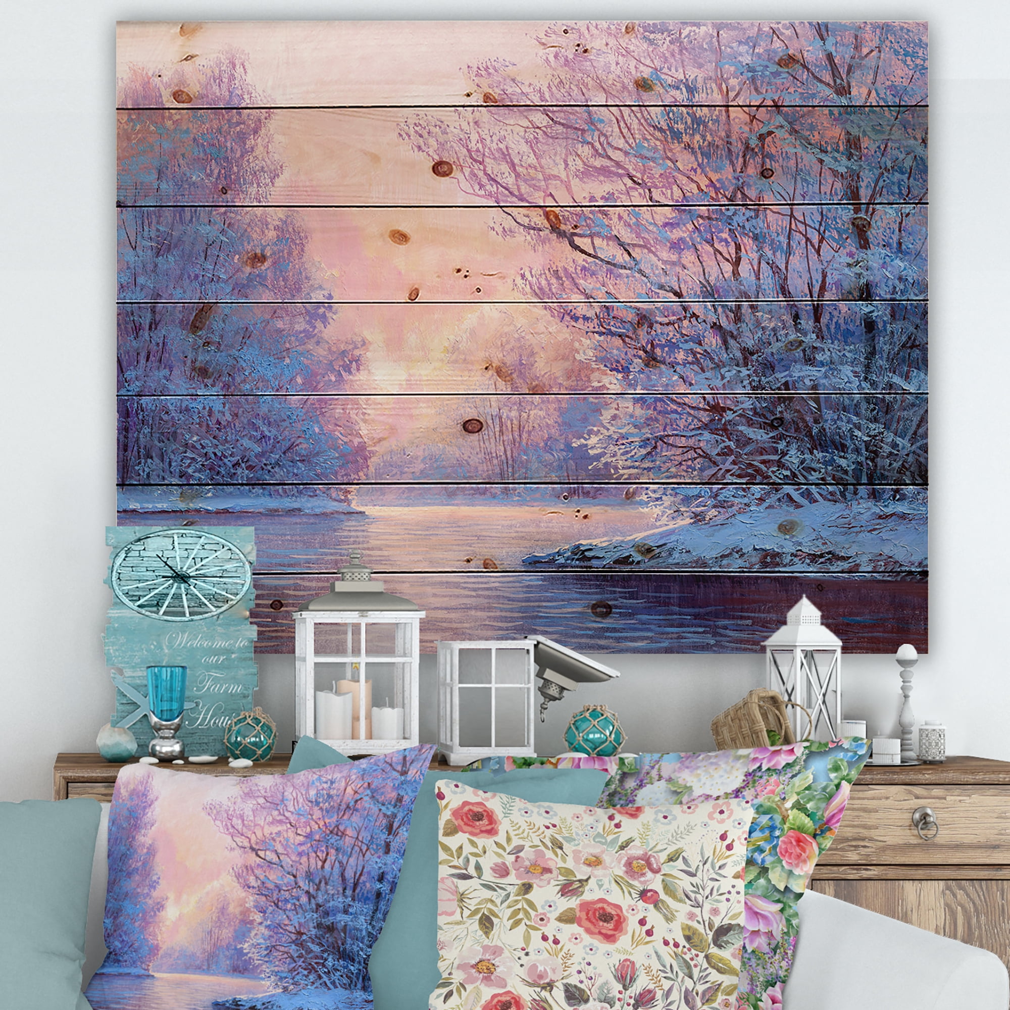 Designart 'The River Original With Winter Landscape' Lake House Print on Natural Pine Wood