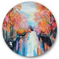 thumbnail image 1 of Designart 'The River Through Orange Autumn Forest' Lake House Circle Metal Wall Art 29x29 - Disc of 29, 1 of 5