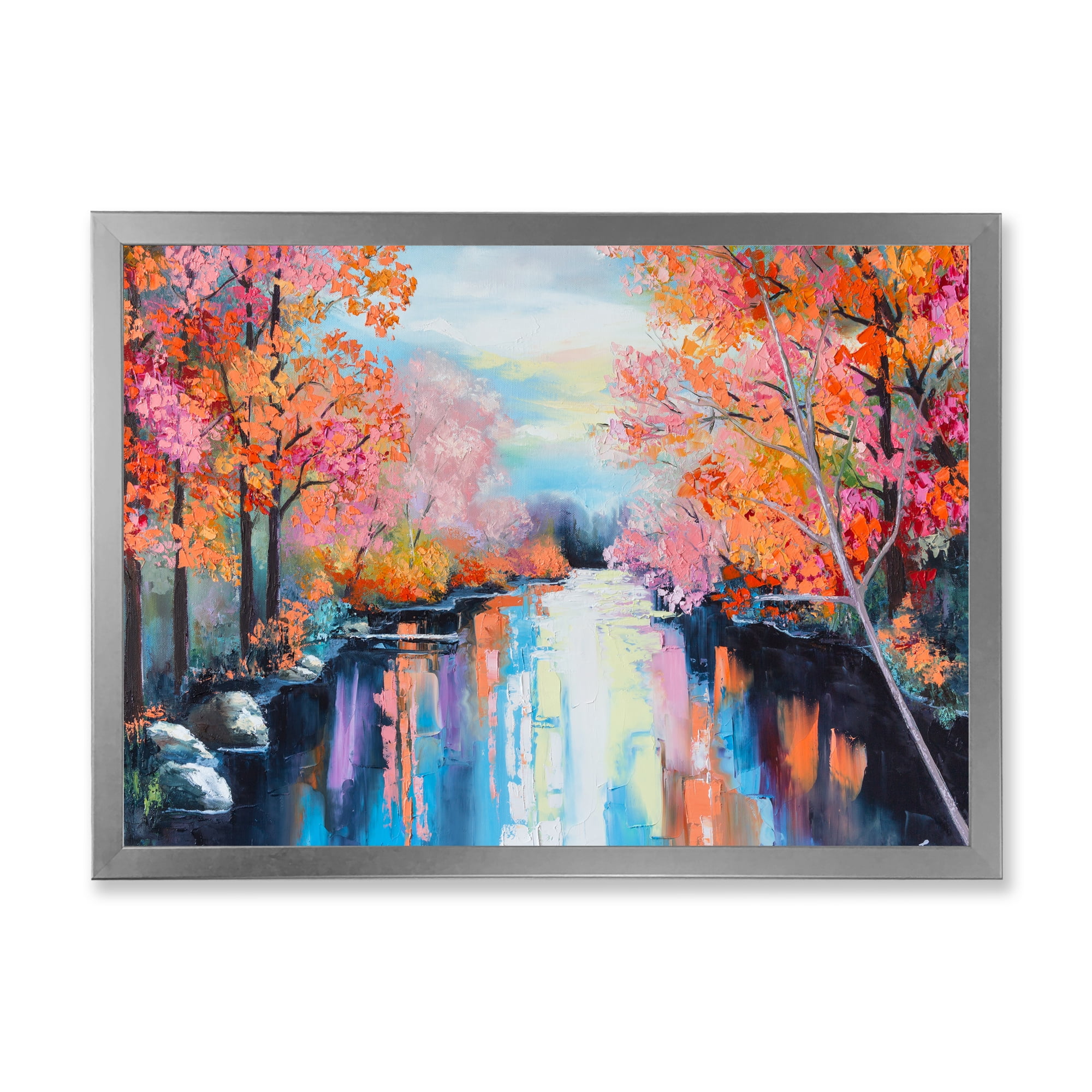 Designart 'The River Through Orange Autumn Forest' Lake House Framed Art Print