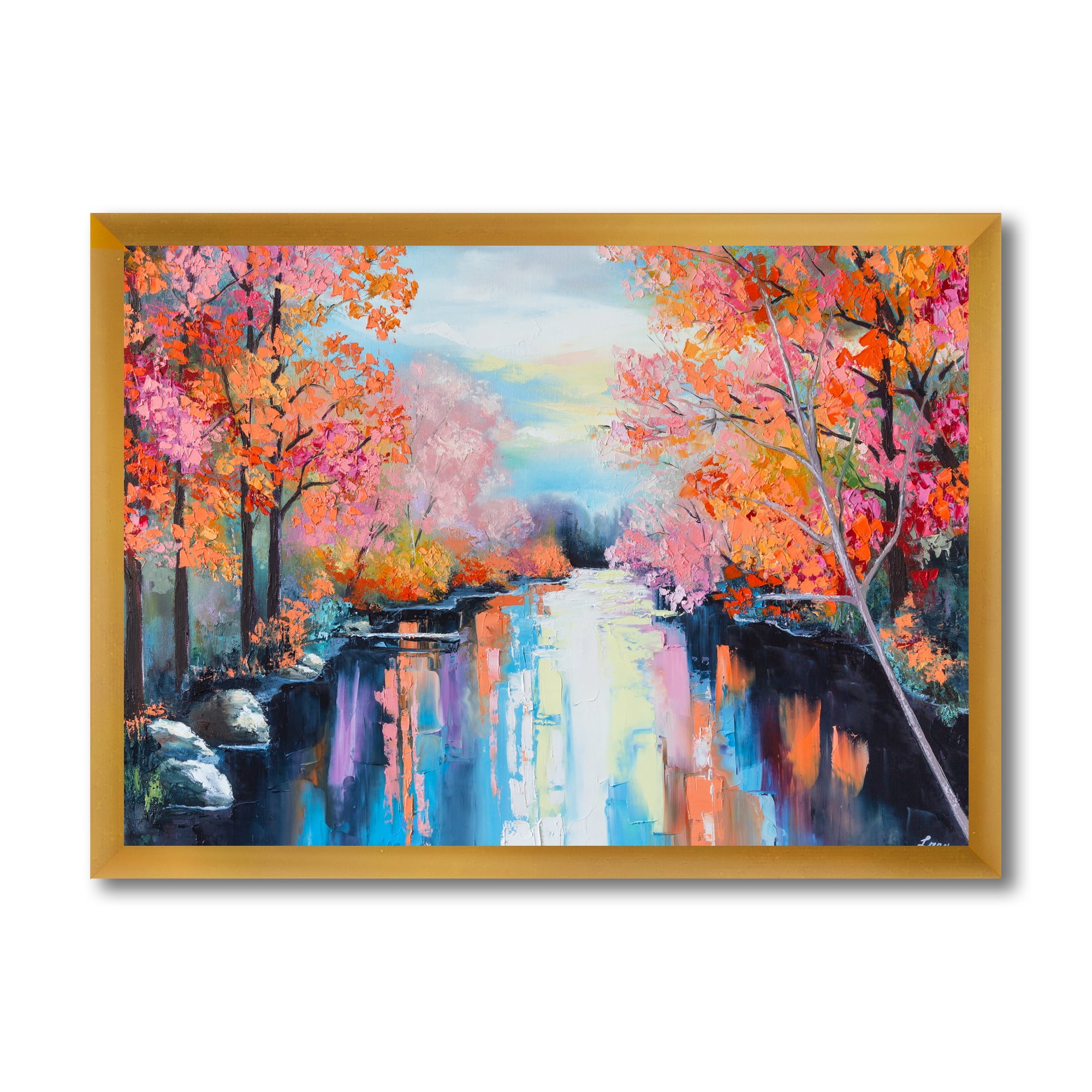 Designart 'The River Through Orange Autumn Forest' Lake House Framed Art Print