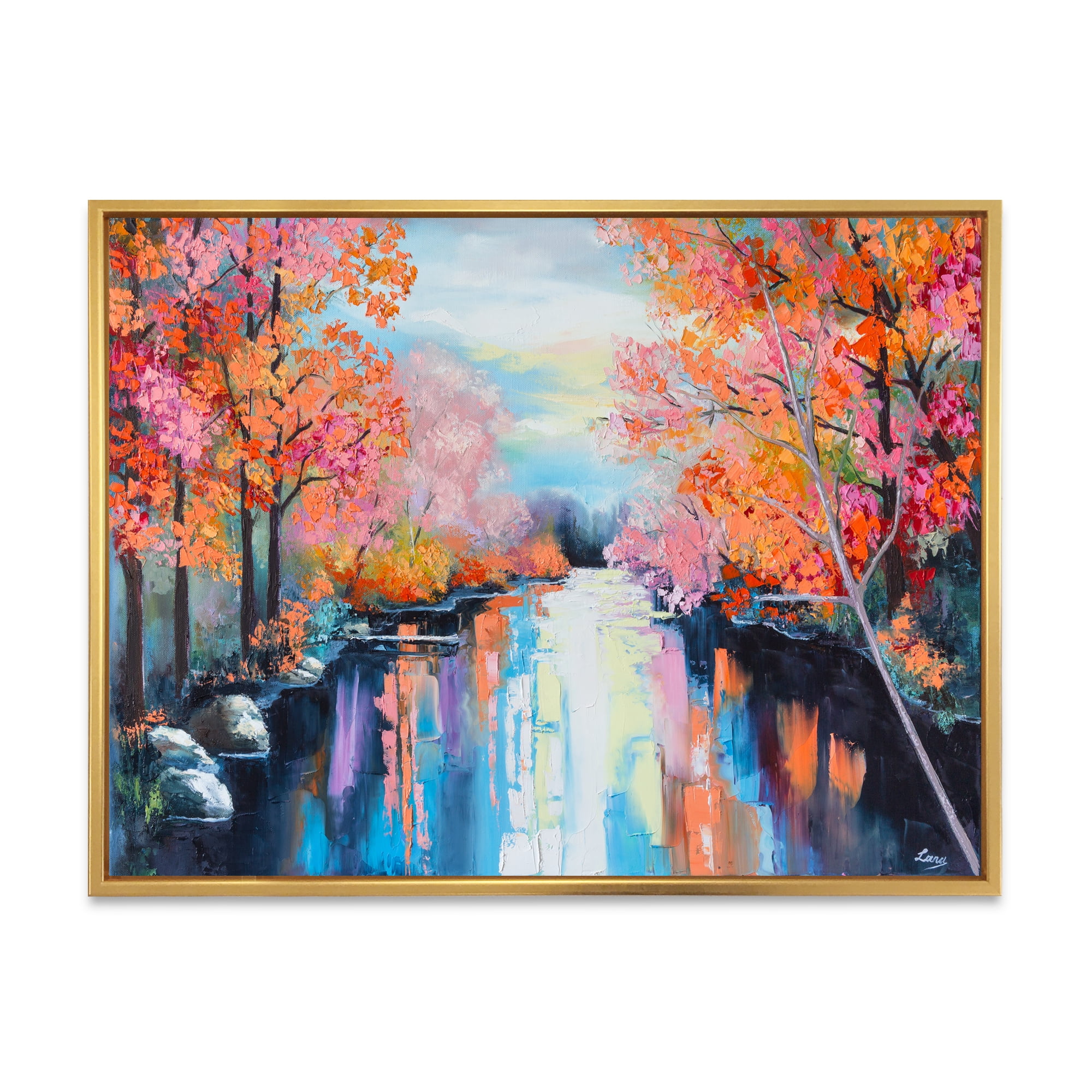 Designart 'The River Through Orange Autumn Forest' Lake House Framed Canvas Wall Art Print