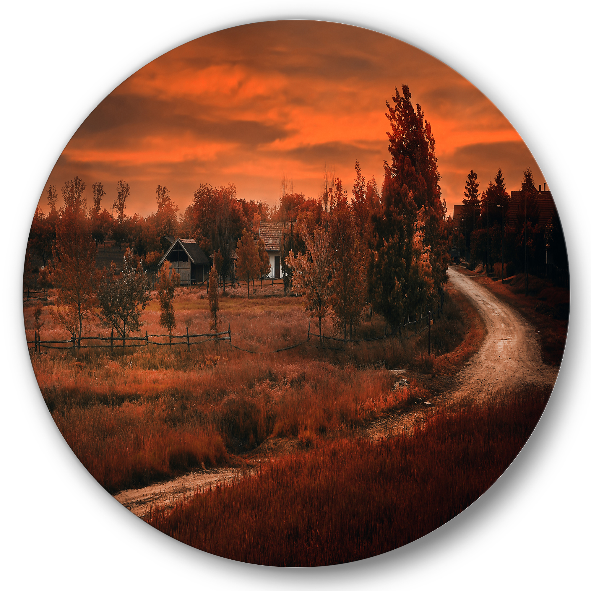 Designart 'The Road By The Farm In Dark Pink Sunset' Farmhouse Circle Metal Wall Art 11x11 - Disc of 11