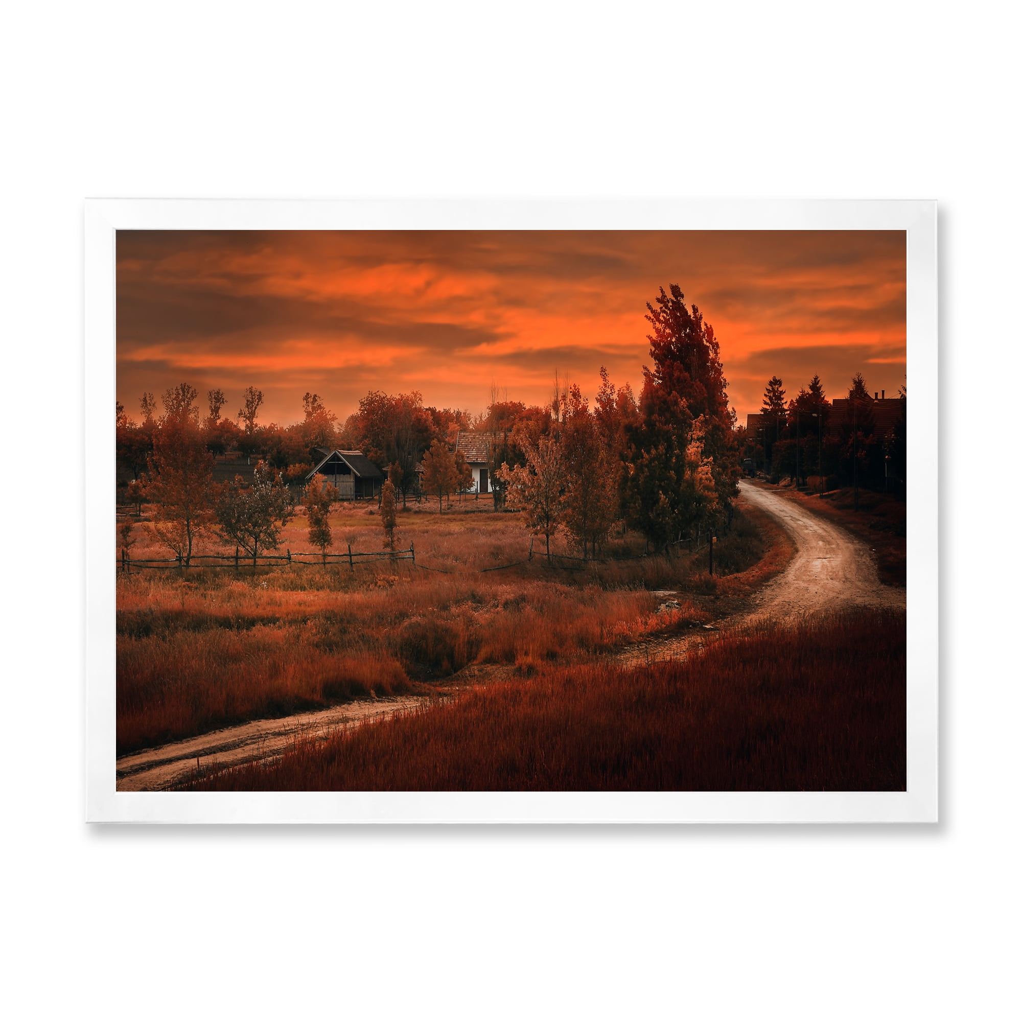 Designart 'The Road By The Farm In Dark Pink Sunset' Farmhouse Framed Art Print
