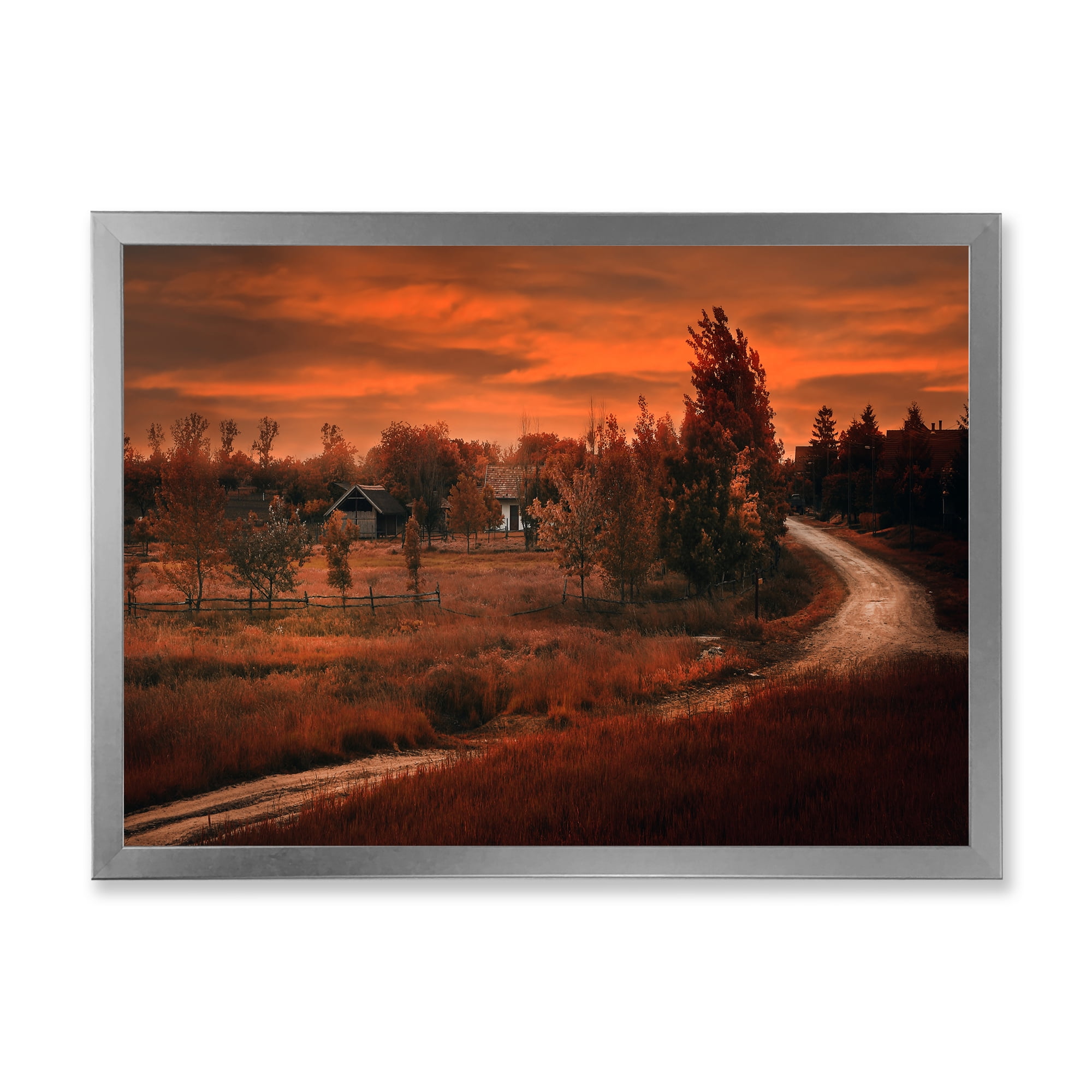Designart 'The Road By The Farm In Dark Pink Sunset' Farmhouse Framed Art Print