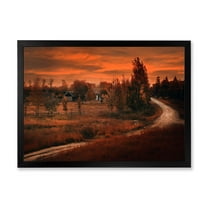 Designart 'The Road By The Farm In Dark Pink Sunset' Farmhouse Framed Art Print